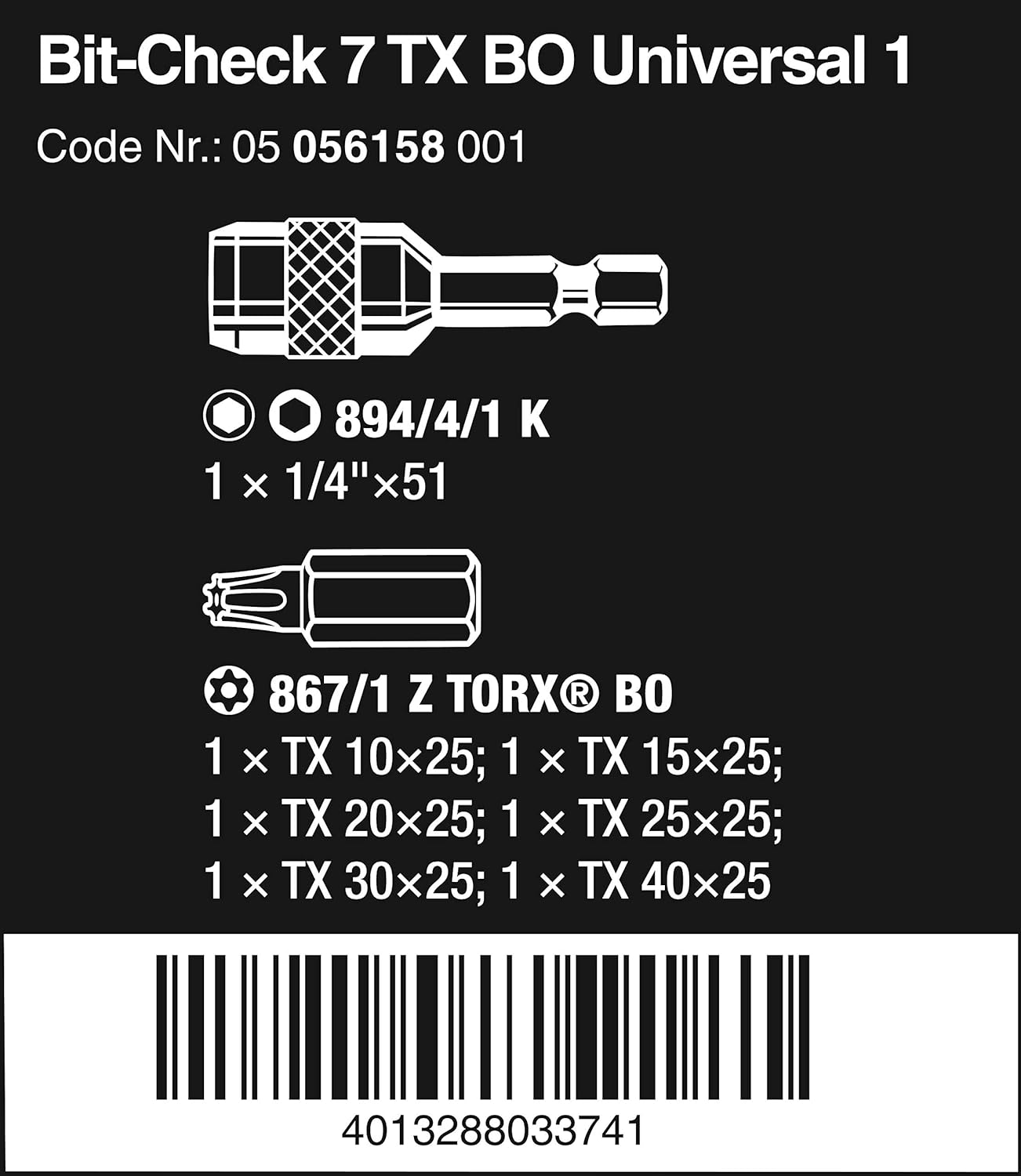 Wera 05056158001 Bit-Check Set 8067-6/Z Extra-tough for Drill/Drivers, Metal Jointing, Torx TX10-40 7pc