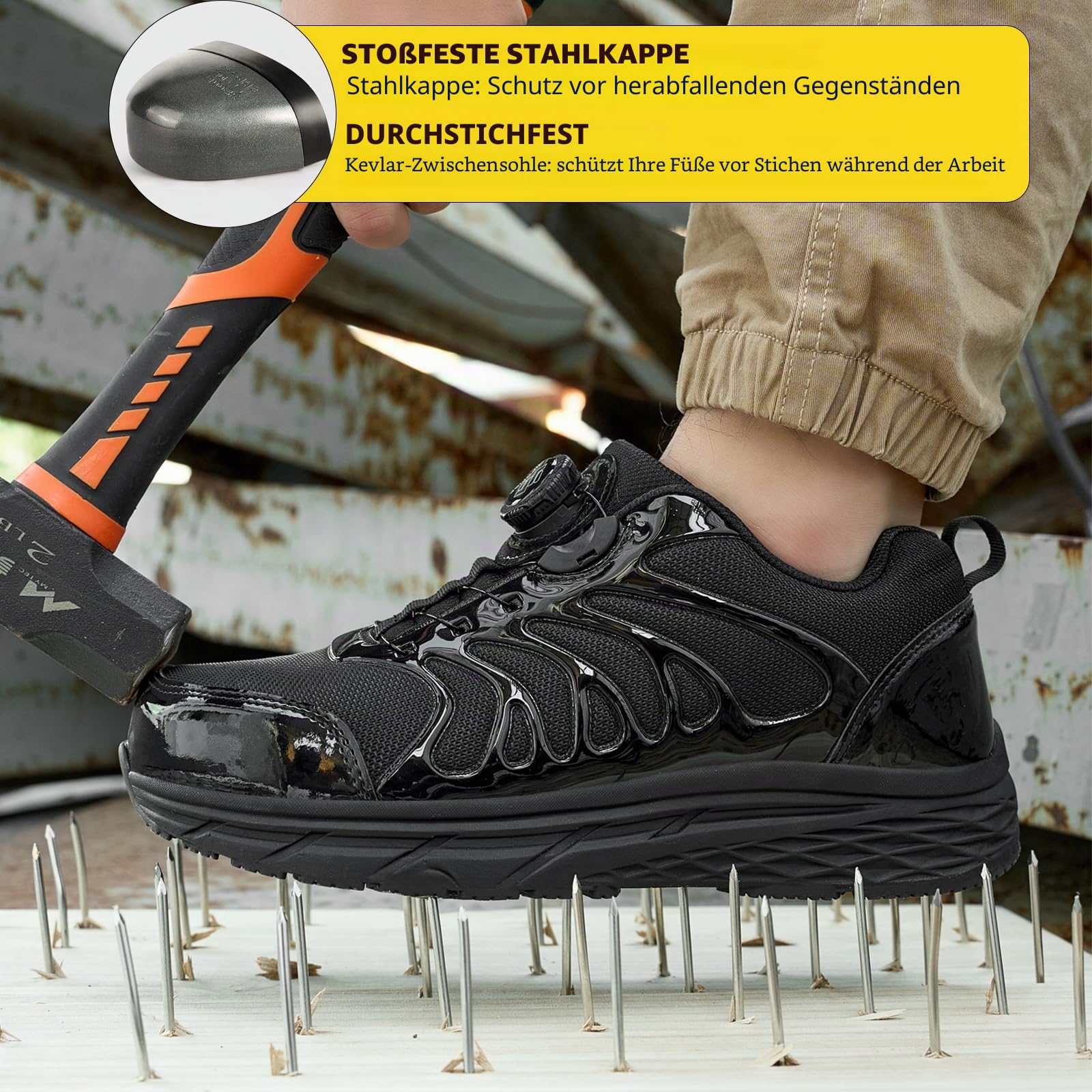 NIFOFISE Wide Fit Sicherheitsschuhe Herren Damen Stahlkappe Sneaker mit Quick-Fit Dial Schnürung Leicht Atmungsaktiv Breite Zehenbox Sicherheitsschuhe Alternative zu Arbeitsstiefeln, Schwarz , 38 EU