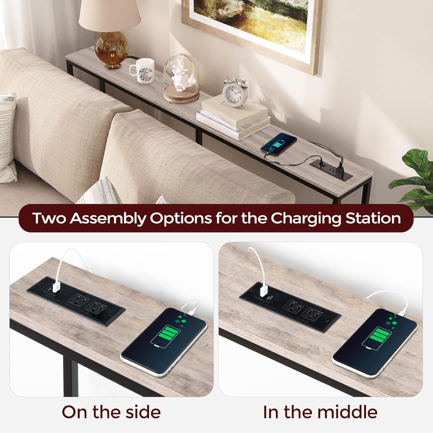 MAHANCRIS Skinny Console Table with Power Outlets, 63" Narrow Sofa Table, Behind Couch Table with Charging Station, Sofa Hallway Table for Plants, Living Room CTHG165E01