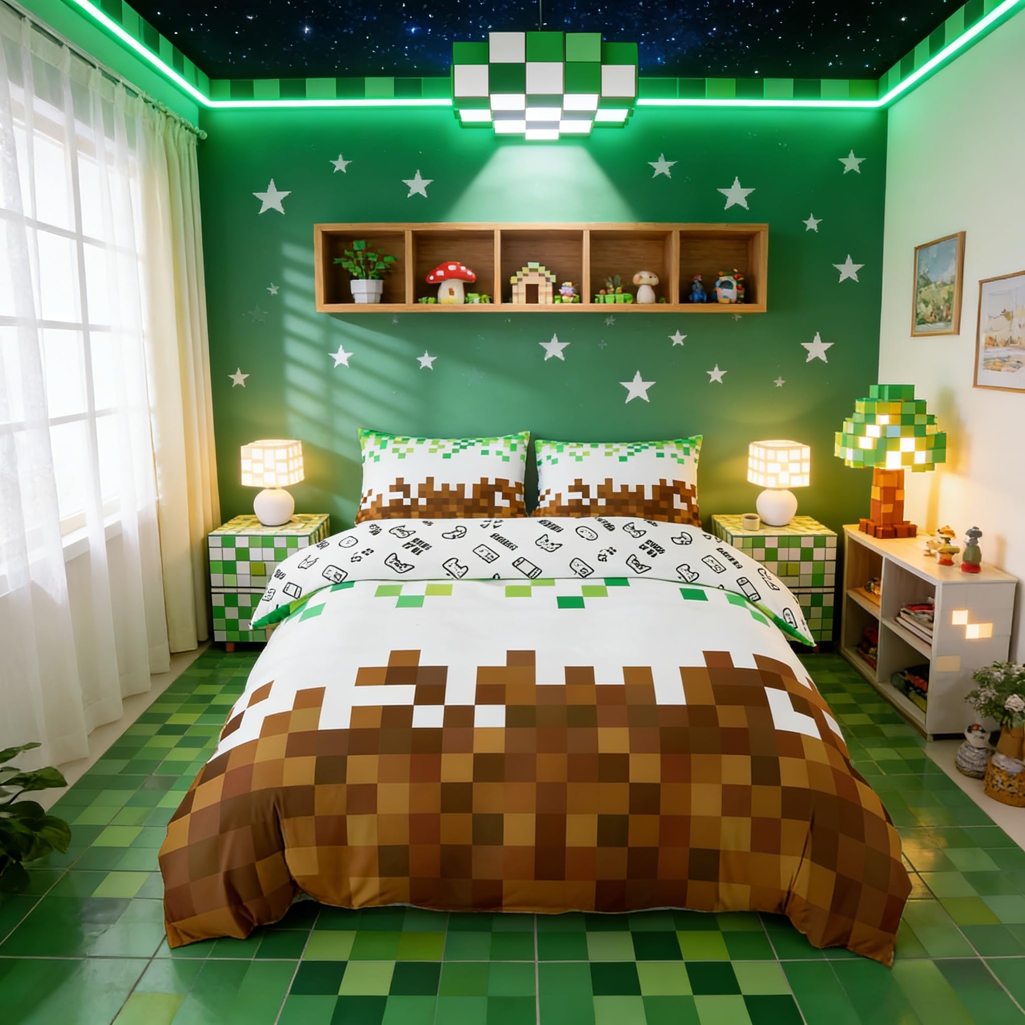 Manfei Pixelated Duvet Cover Set Double Size,Geometric Patchwork Grid Bedding Set for Kids Teens Bedroom Decor,Games Miners Comforter Cover,Brown Green 2 Pcs Bedding Collection,No Filler — image 1