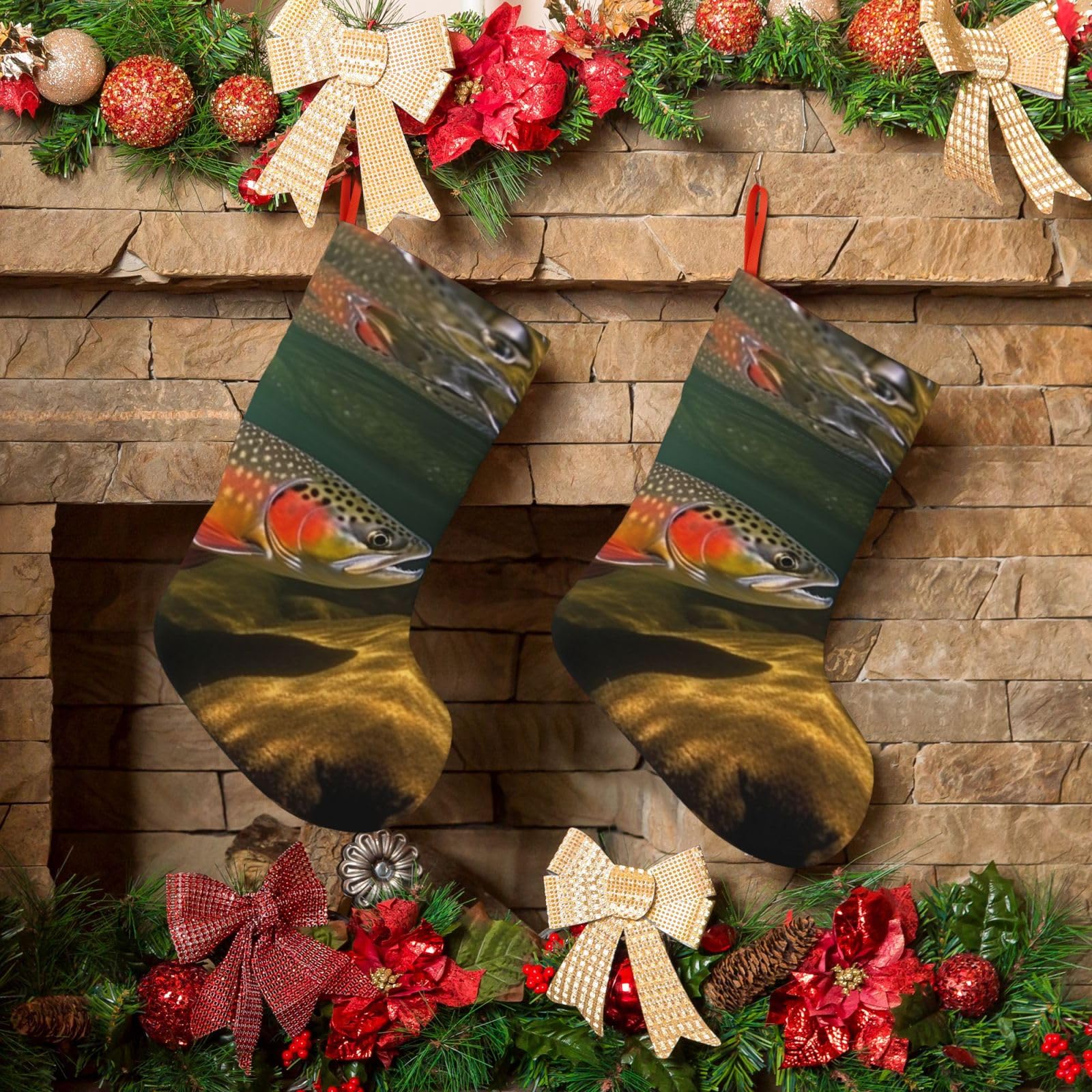 Fodpand Boys Black Brook Trout Fly Fishing Christmas Stockings Hanging Ornaments For Holiday Decor, 18 Inches Velvet Fireplace Hanging Xmas Stocking, Candy Gift Bags For Christmas Decorations