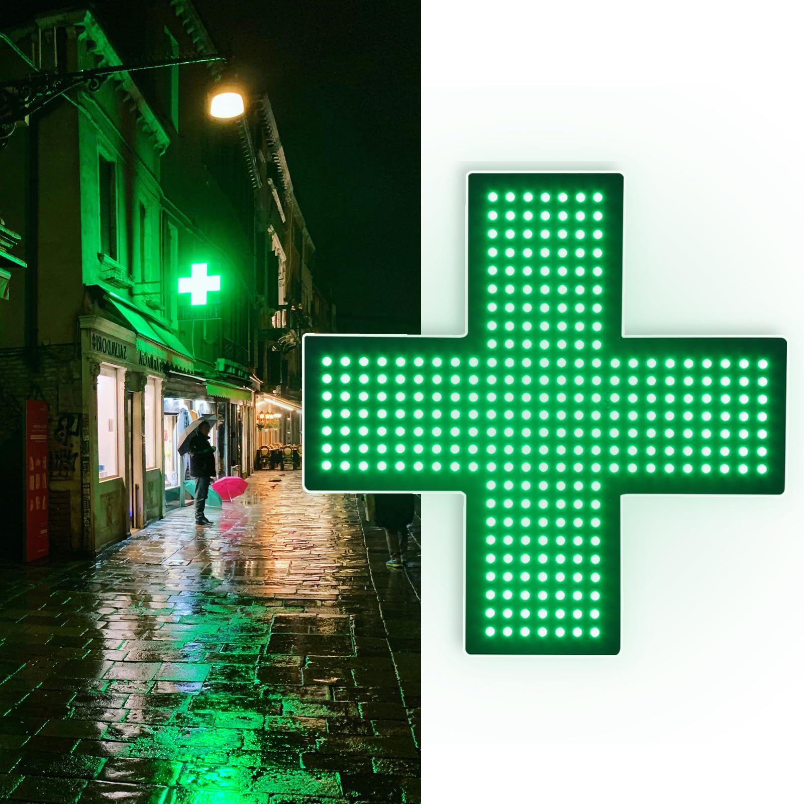 Señal de farmacia LED cruz, 48 x 48 cm, color verde, para decoración de pared en tiendas, oficinas y escaparates, 3 modos de trabajo