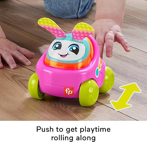 Miniatura 4 de Fisher-Price Juguete de aprendizaje para bebés DJ Buggy Pink Push Along Car con música y luces para gatear para bebés a partir de 9 meses
