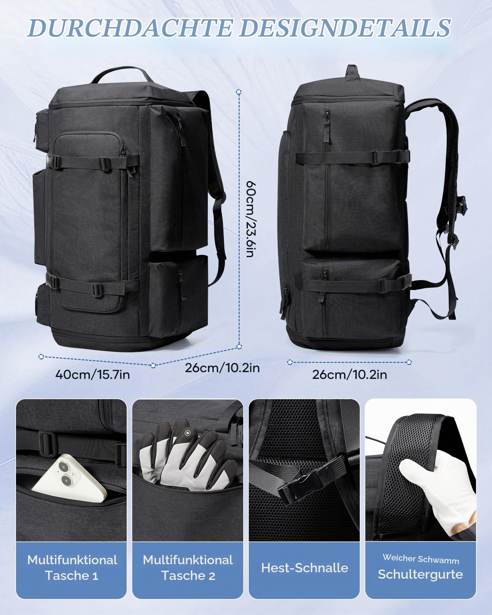 Skischuhtasche Mit Helmfach Große Kapazität Skitasche 70L Skitasche für Skischuhe, Helm & Zubehör,Wasserfest Vakuumkompression Und Outdoor Aktivitäten,Schwarz