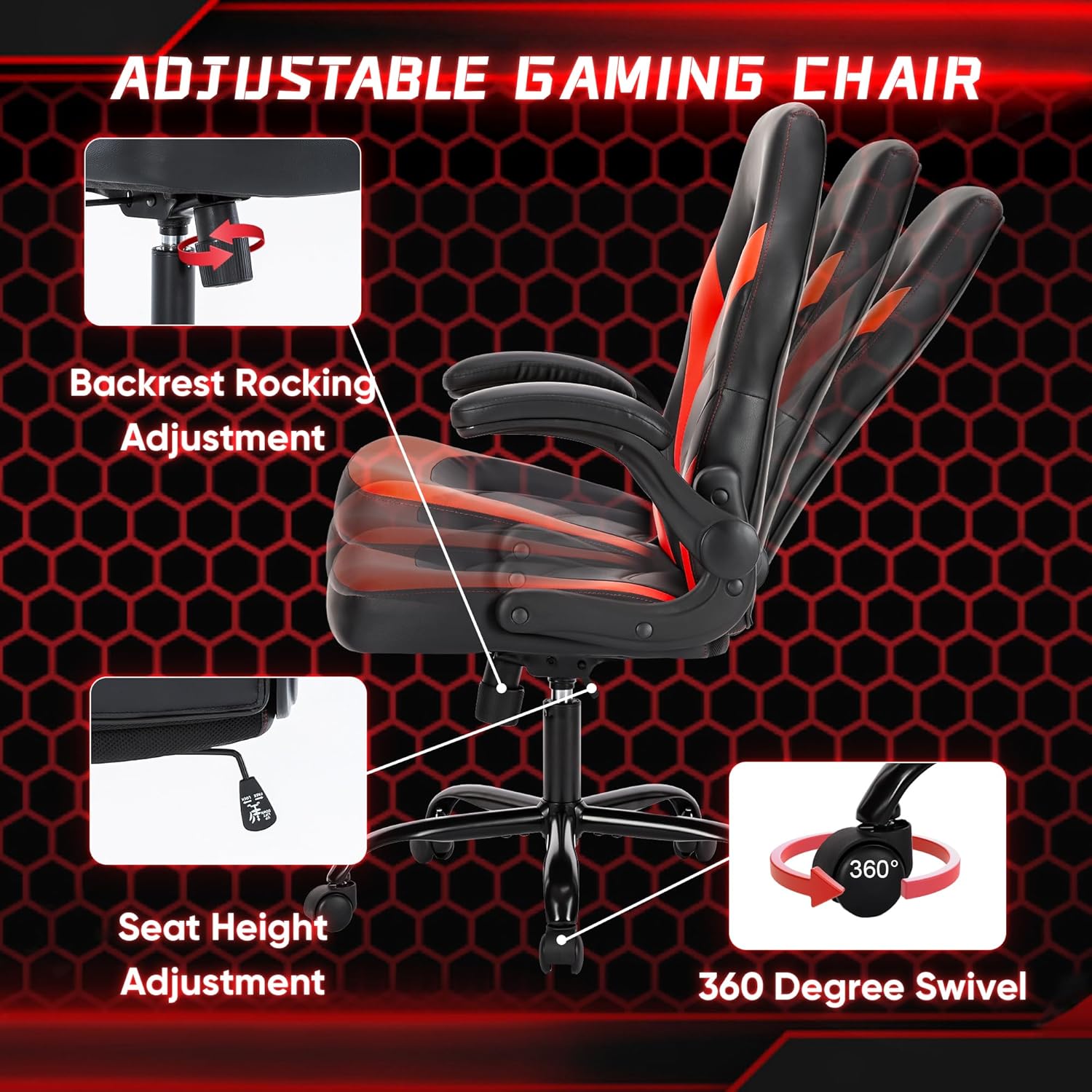 DUMOS Computer Gaming Home Office Chair - Ergonomic Big and Tall Desk with PU Leather Lumbar Support, Height Adjustable High Back Video Game with Flip-up Armrest, Swivel Wheels for Adults and Teens