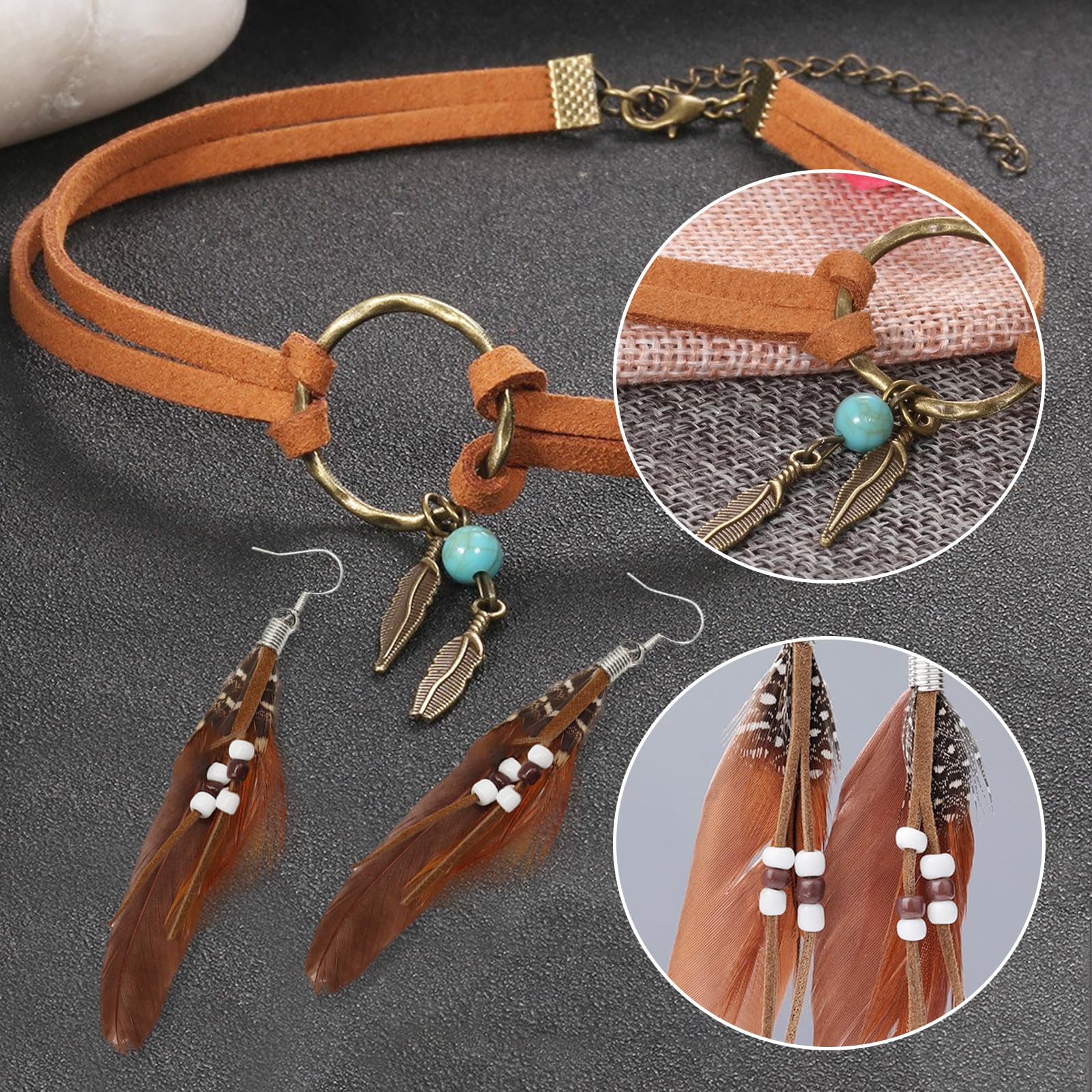 Booaee Disfraz de indio vintage boho para mujer, 12 unidades, accesorios indios, tocado indio, pluma, diadema, pendientes, collar de piel, pulsera turquesa, anillos para carnaval y más