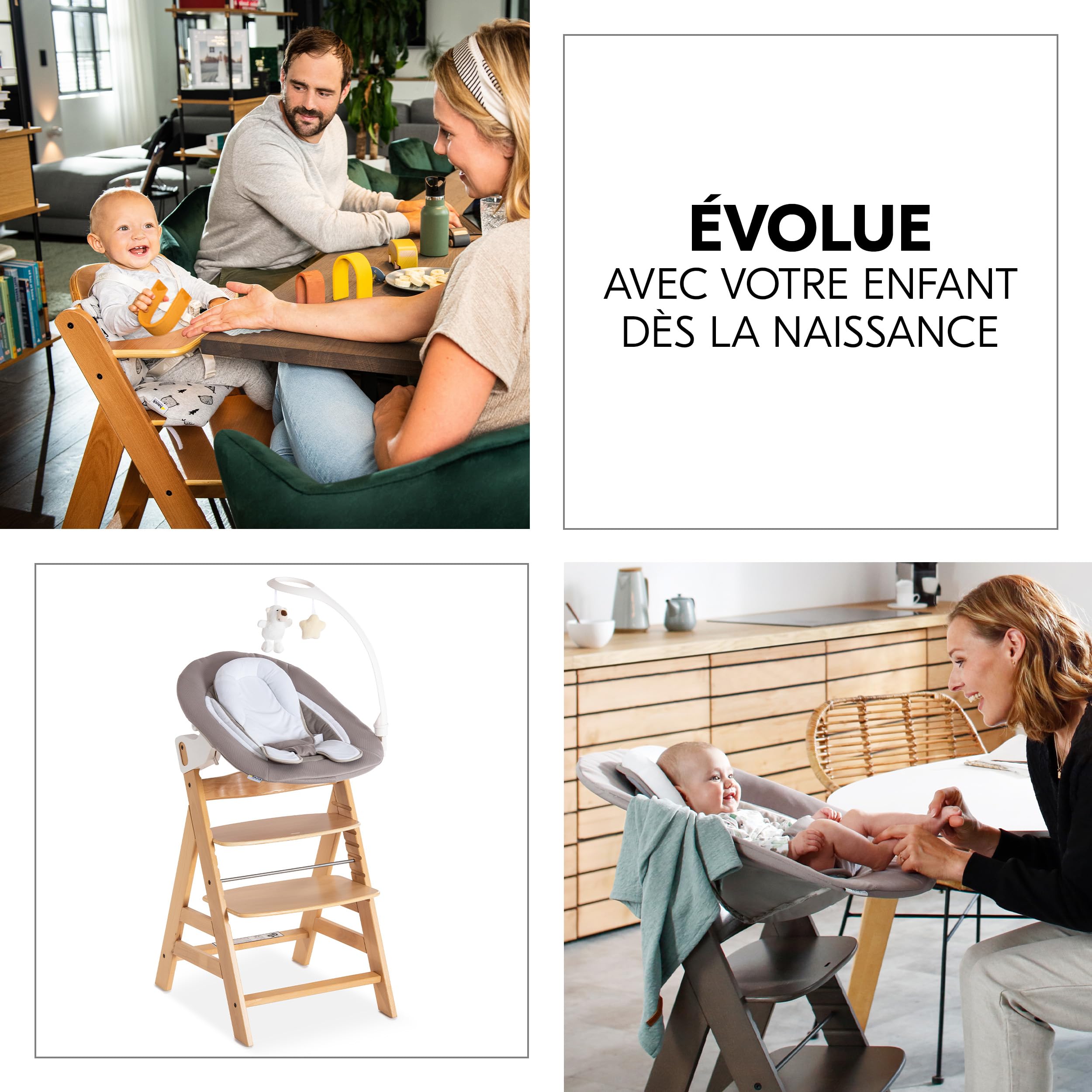 hauck Chaise Haute Bébé Alpha+ avec Siège Nouveau-né Deluxe - Natural | Chaise haute évolutive en bois, de la naissance à 90 kg, inclus assise avec arche éveil bébé, coussin, idéal pour repas