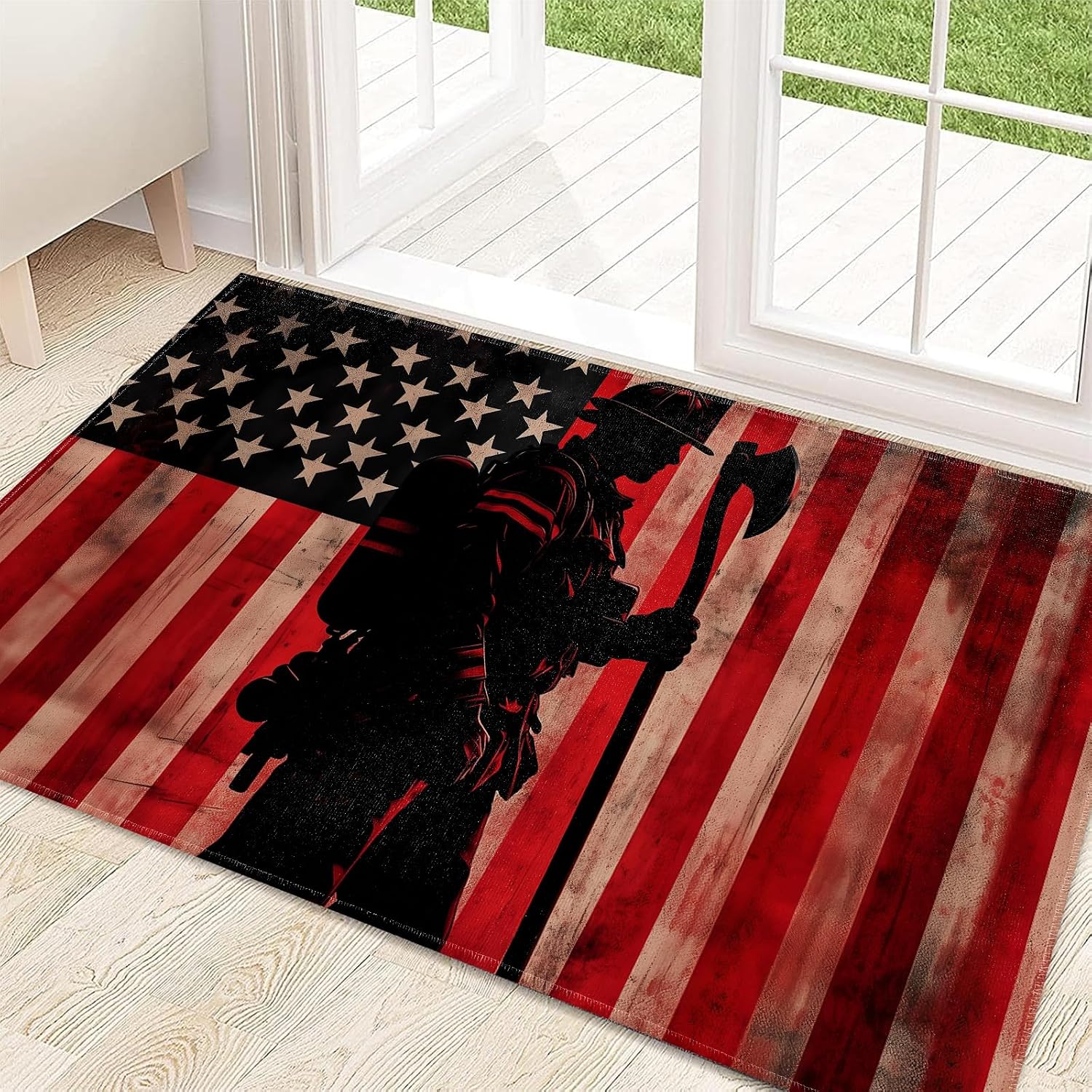 Patriotic Firefighter Indoor Door Mat 29.5x17in,Non Slip Backing American Flag Floor Mat,Non Woven Entryway Rug,Welcome Mats Decor,for Entrance Inside Porch Bedroom Kitchen,Doormats Gifts