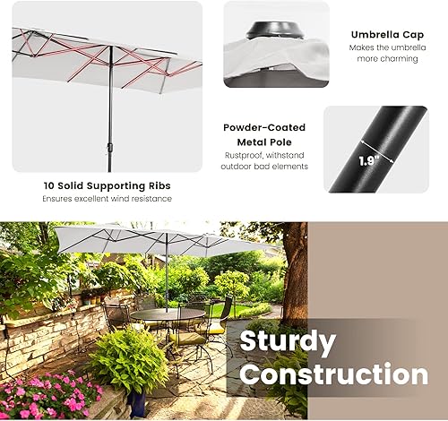 Miniatura 5 de Tangkula Sombrilla de patio de doble cara de 15 pies con manivela, parte superior ventilada, sombrilla rectangular grande para exteriores con