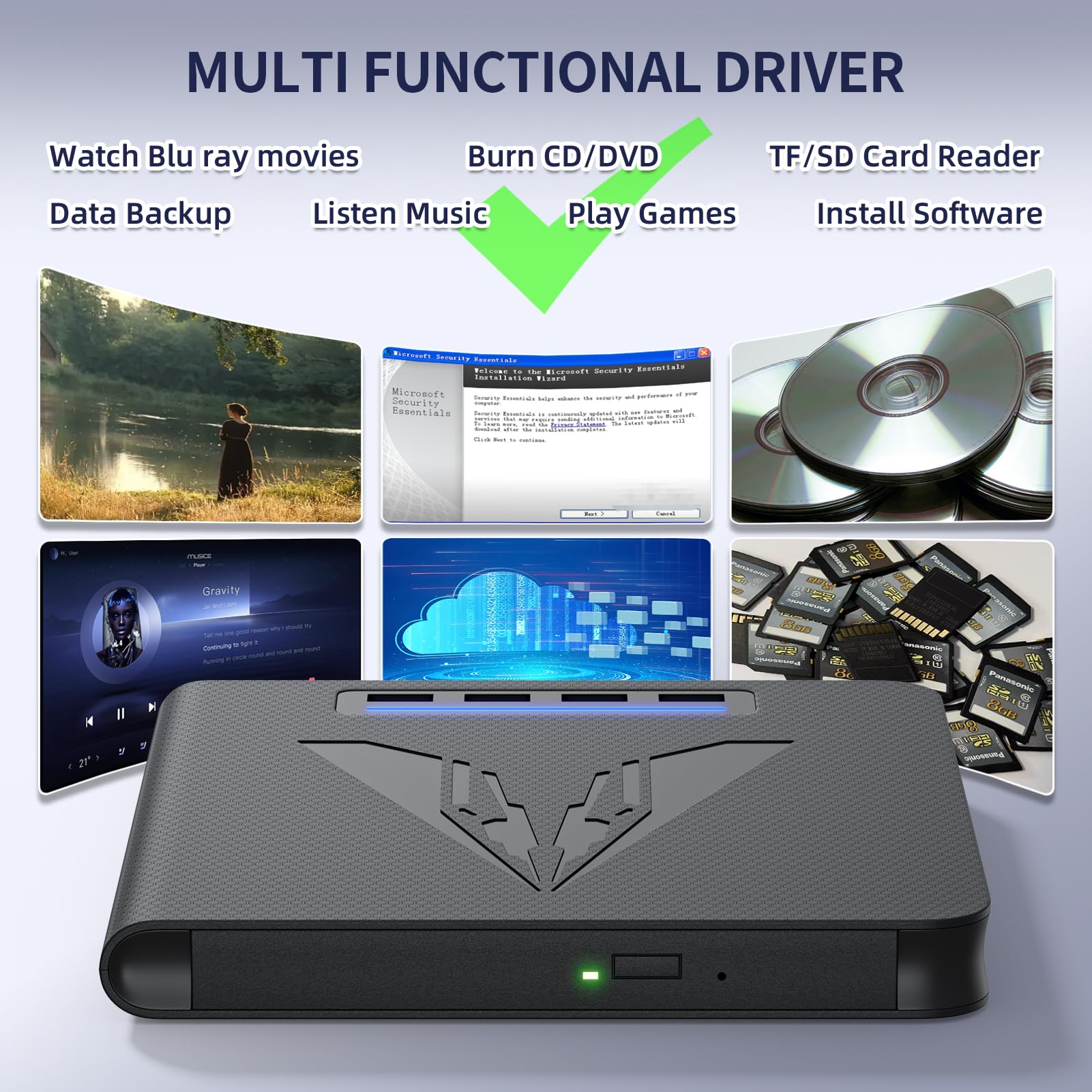 Lecteur Blu-ray externe 7 en 1 et graveur pour PC portable, graveur Blu-ray DVD CD avec support disque BD 100 Go, lecteur de carte SD/TF intégré et hub USB 3.0, compatible avec Windows MacOS Linux, 7