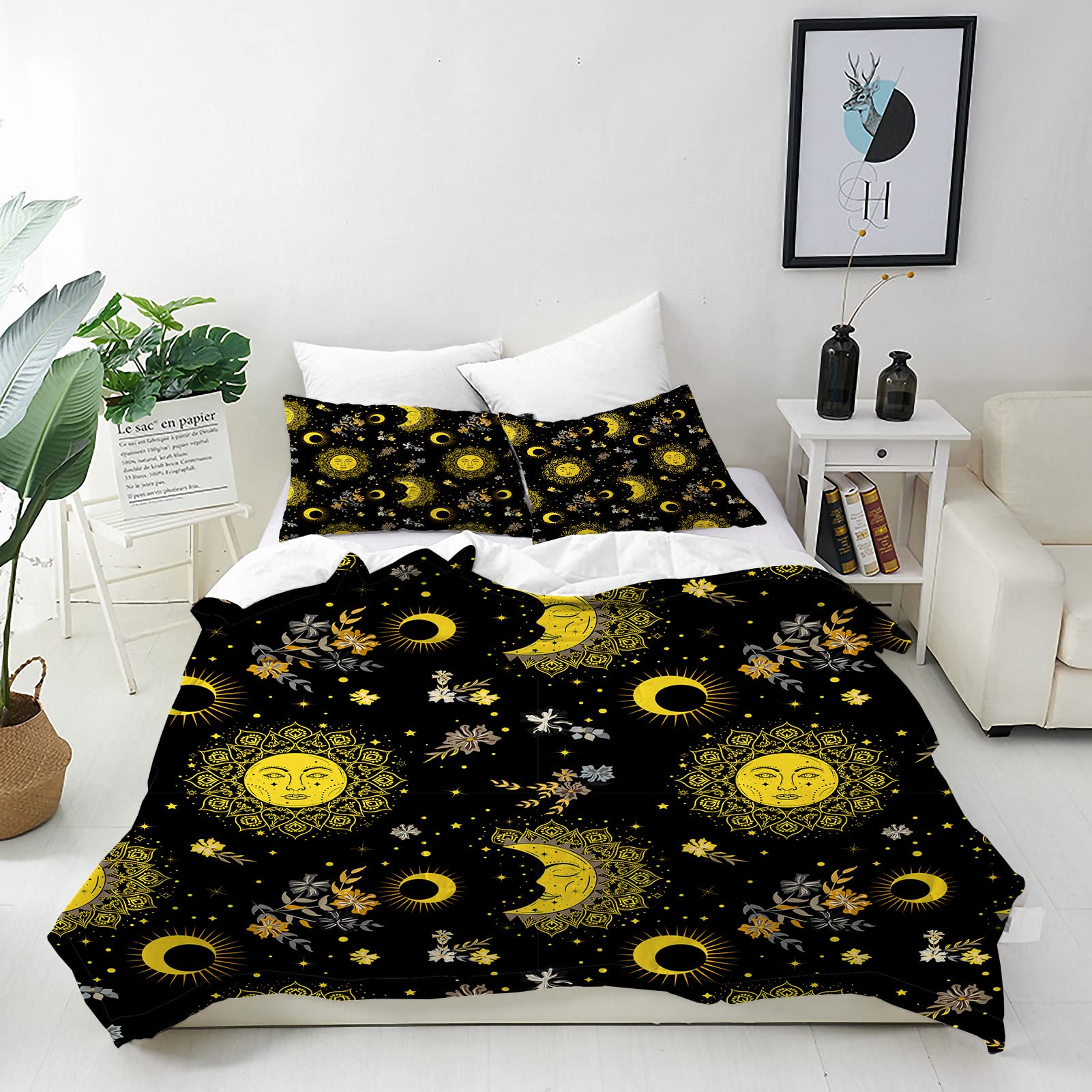 ANHOPE Sun Moon Stars Duvet Cover Set Soft Comforter Cover Bohemian Flower Print Pattern 3 Piece Bedding Set including Pillowcase All Season Quilt Cover with Zipper for Kids Adults Double Size
