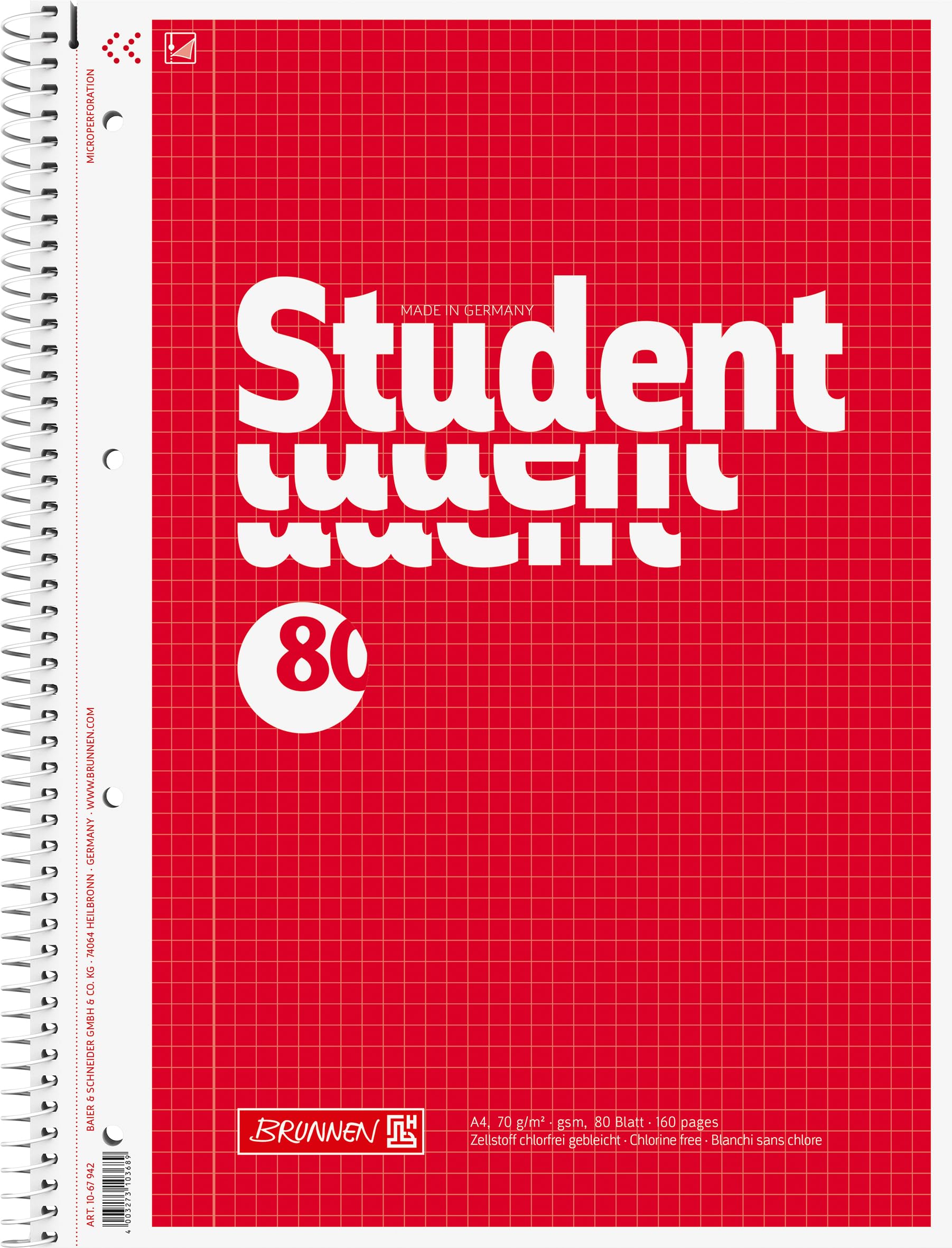 Brunnen Student Notepad Pad Spiral Bound – 4 fach, Squared 70 g/m² A4 5 mm Squares
