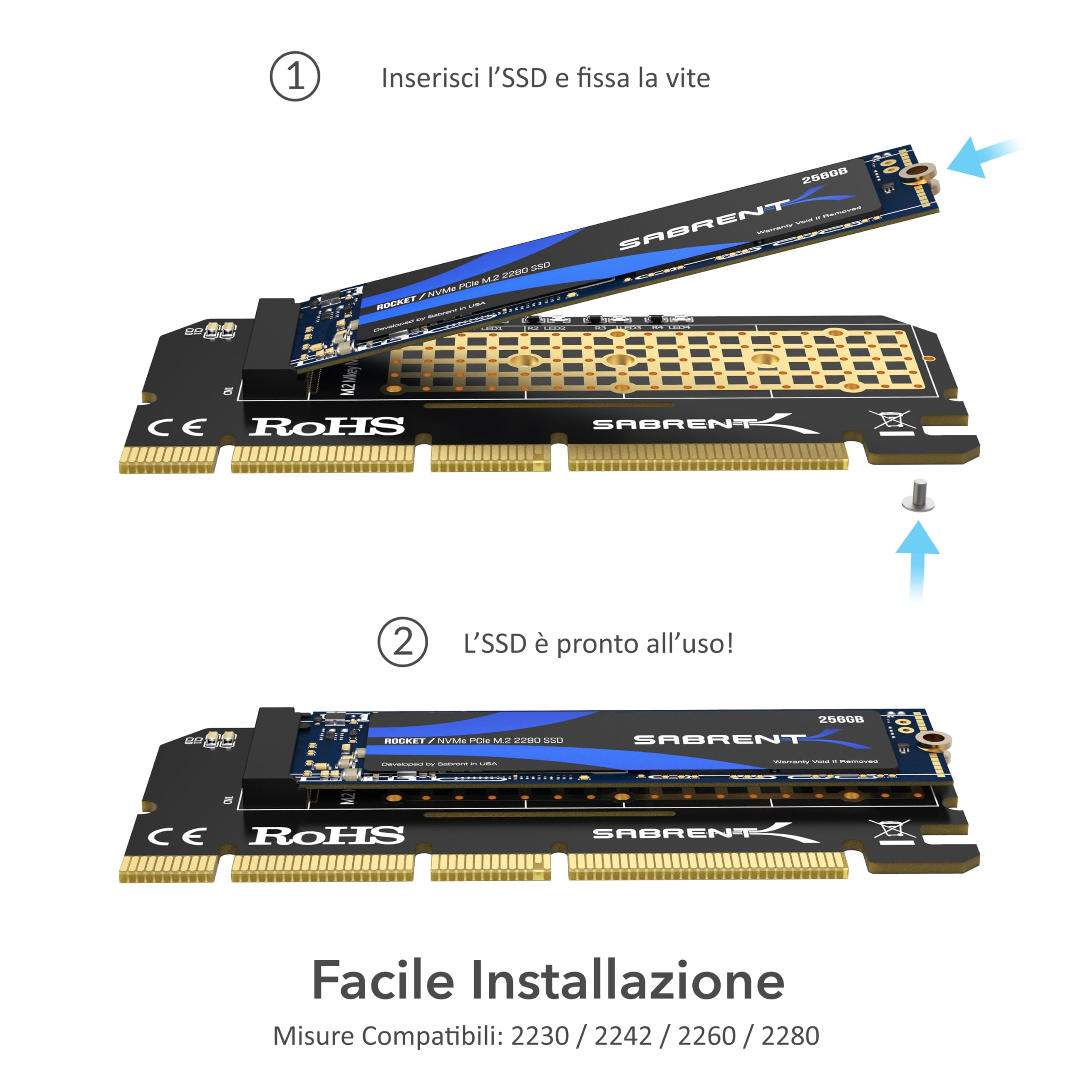 SABRENT Adattatore PCIe SSD M.2 NVME, Scheda PCIe X16/X8/X4 con dissipatore di calore in alluminio, Adattatore per SSD 1TB, 2TB, 4TB, 8TB fino a 16TB, formato 2230/2242/2260/2280 (EC-PCIE)