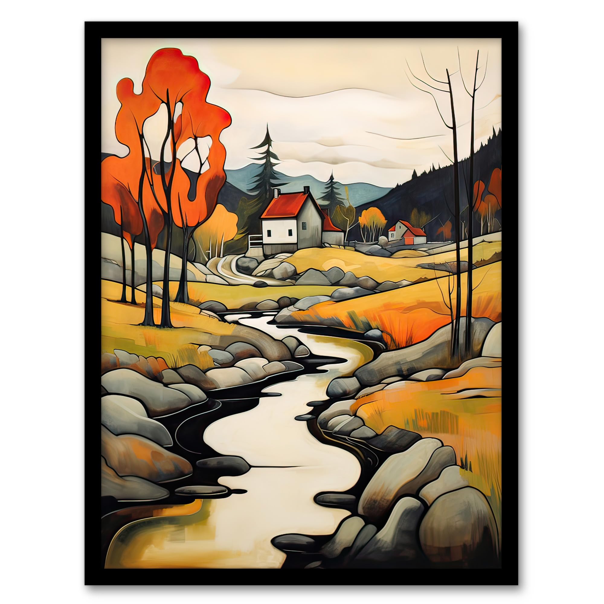 Artery8 Just Follow the River Countryside Autumn Landscape Artwork Framed Wall Art Print A4
