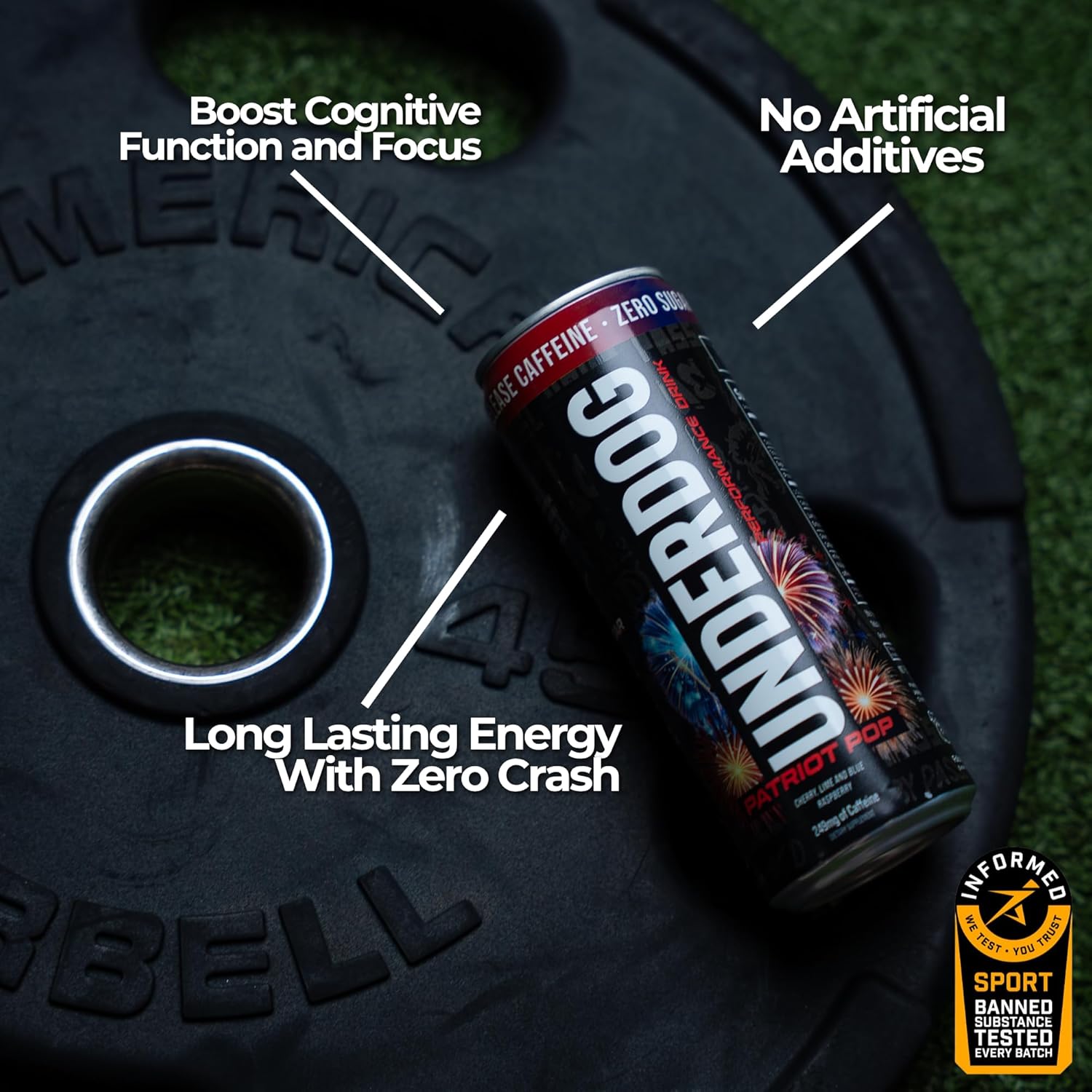 Underdog Performance Energy Drink, Patriot Pop, Nootropics, Green Tea Extract, Citrulline, Clean, Sugar Free Fast & Slow Release 249mg Caffeine per Serving, No Artificial Additives, 12 Pack - Image 3