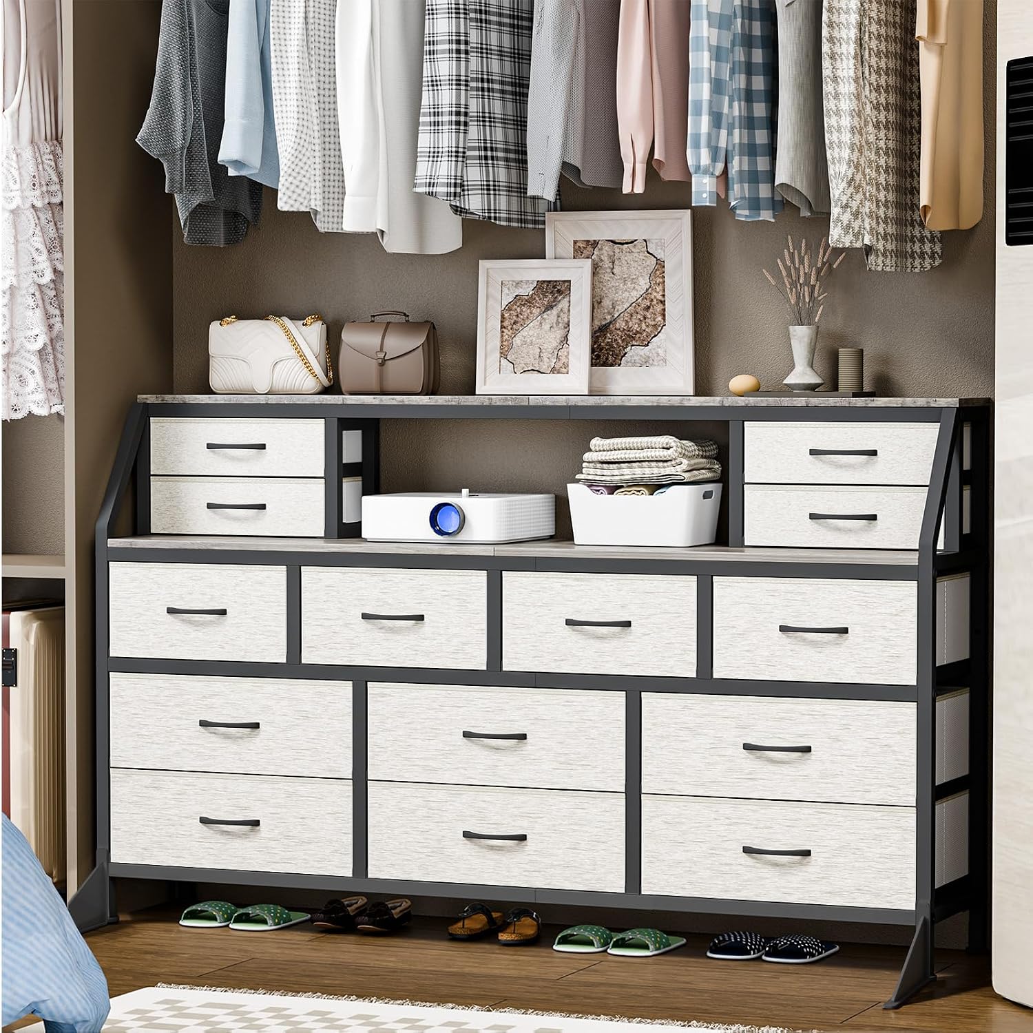 Dresser for Bedroom, 55" TV Stand with 14 Drawers, Long Dresser & Chests of Drawers with Shelves & Sturdy Metal Frame & Wood Top (Greige)
