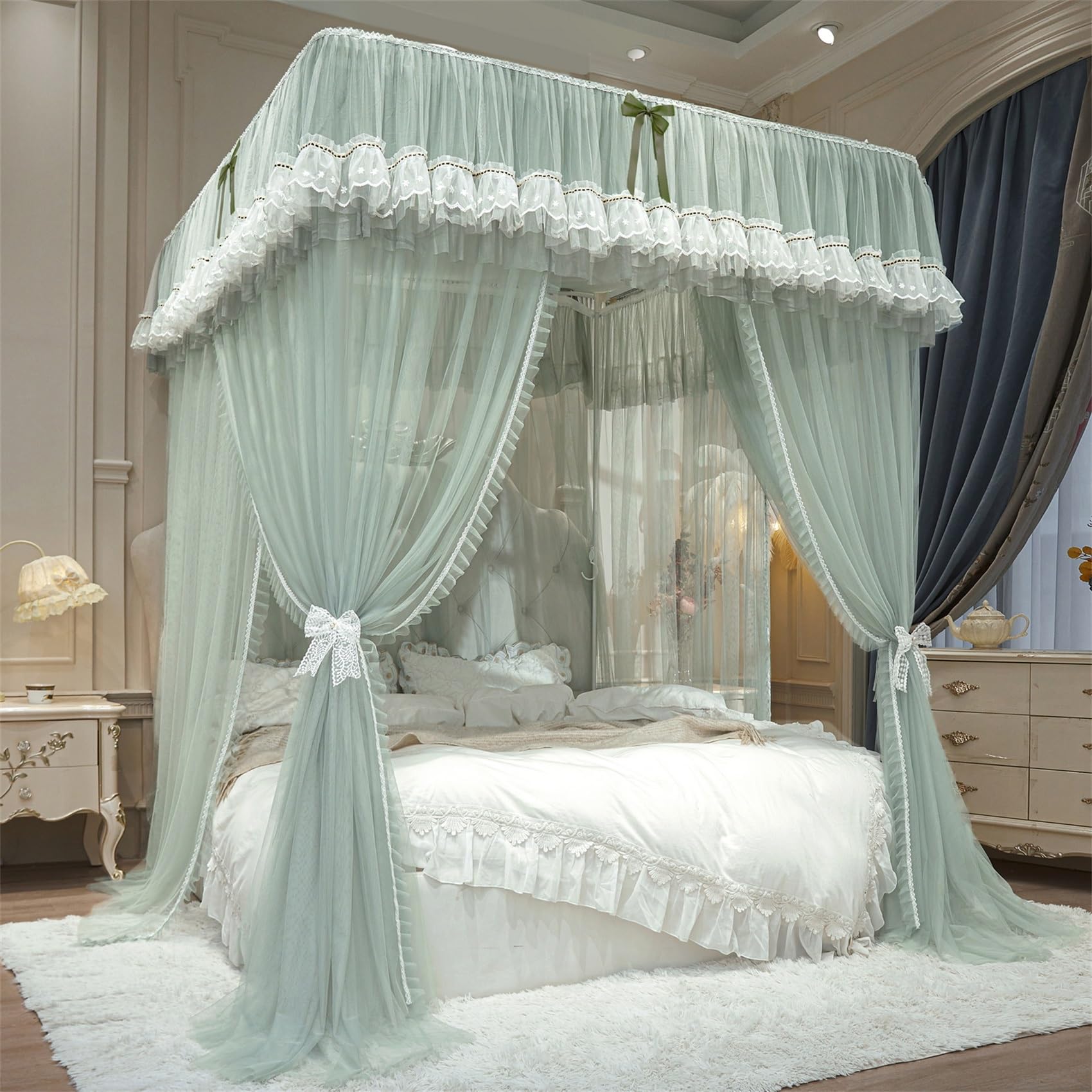GUOIOOI Bed Canopy,Dream Ruffle Lace Double Layer Princess Canopy Bed Curtains with Frame for Queen/Full Bed – Romantic Privacy for Light-Sensitive Adults Bedroom Decoration(Green,King/2x2.2M)