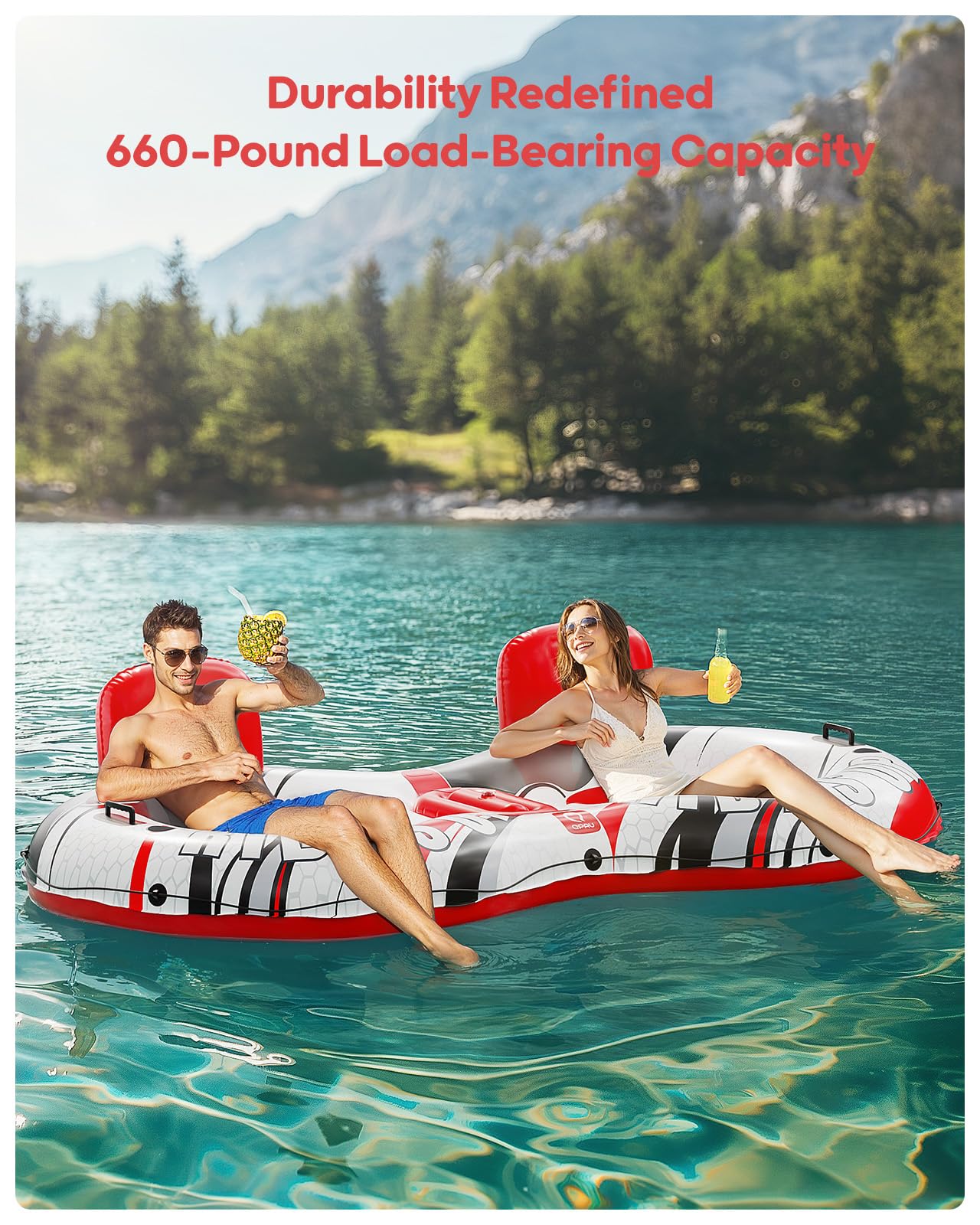 'QPAU Inflatable Double River Tube, 2 Person 660lb Capacity, Puncture-Resistant 93'' Sturdy Heavy Duty River Float, River Raft with Ergonomic Backrest, Cooler & Cup Holders for Family'