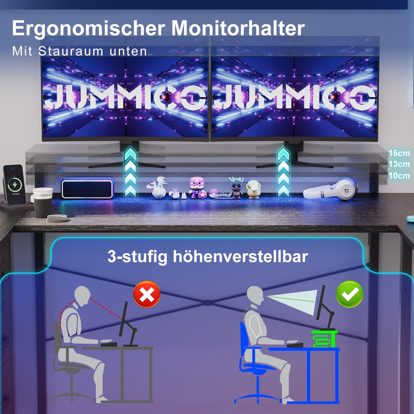 JUMMICO Gaming Schreibtisch Eckschreibtisch L-Form, 170x95cm mit LED-Beleuchtung, höhenverstellbarem Monitorständer, 3 Schubladen, 2 Steckdosen & 2 USB, Schreibtisch aus Stahl und Holz,Schwarz