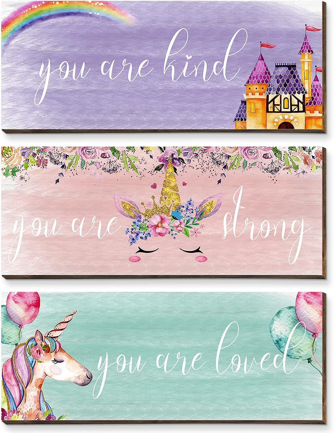 3 Girl Unicorn Decor Wooden Hanging Wall Plaques You Are Kind Strong Loved Poistive Wall Decors Room Wall Art Decors Castle Rainbow Flowers Balloons Sign for Girl Daughter Bedroom Niece Baby (Natural Pattern)