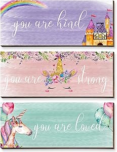 3 Girl Unicorn Decor Wooden Hanging Wall Plaques You Are Kind Strong Loved Poistive Wall Decors Room Wall Art Decors Castle Rainbow Flowers Balloons Sign for Girl Daughter Bedroom Niece Baby (Natural Pattern)