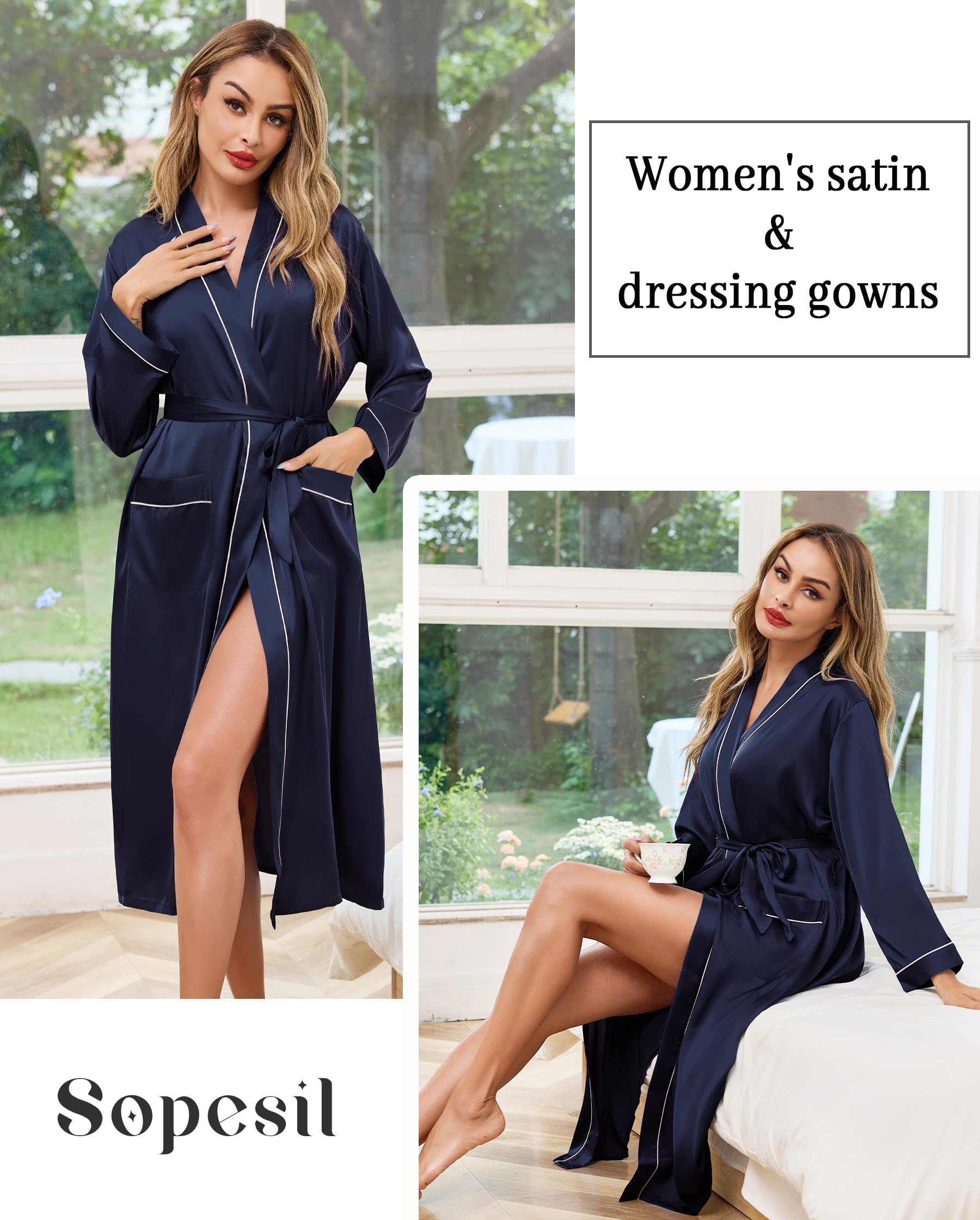 Sopesil Accappatoio da Donna Elegante Kimono Donna Accappatoio Lungo con Cintura e Tasche Adatto per Casa Spa Bagno S-XXL