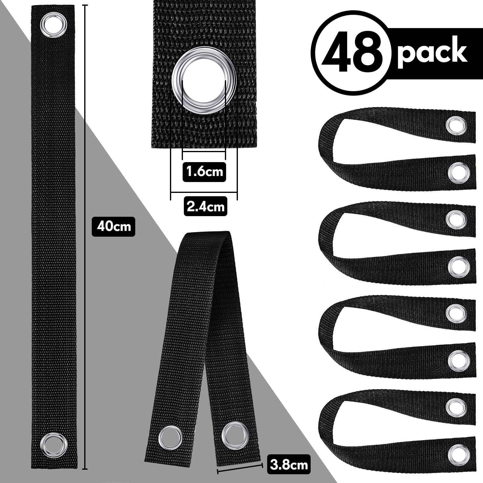 Lot de 48 sangles de soutien pour arbre de 40 cm avec œillets robustes pour jeunes arbres et plantes - Pour piquets de haubans, jeunes plantations et protection contre les ouragans (noir)