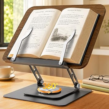Aoviho Book Stand for Reading, 360 Rotating Book Holder with Page Clip