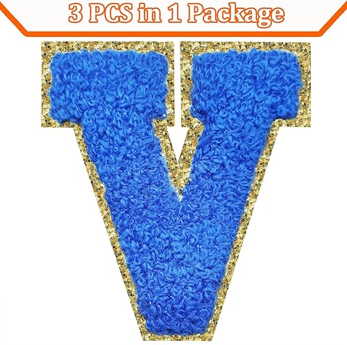 Miniatura 357 de Parches de letras termo-adhesivas de felpilla para chaquetas, parches de letras universitarias con brillantina para planchar en la letra azul A