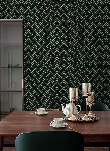 Miniatura 3 de Heroad Papel tapiz autoadhesivo de 393 x 17.3 pulgadas, color verde oscuro y dorado, papel tapiz geométrico, papel de contacto verde oscuro y