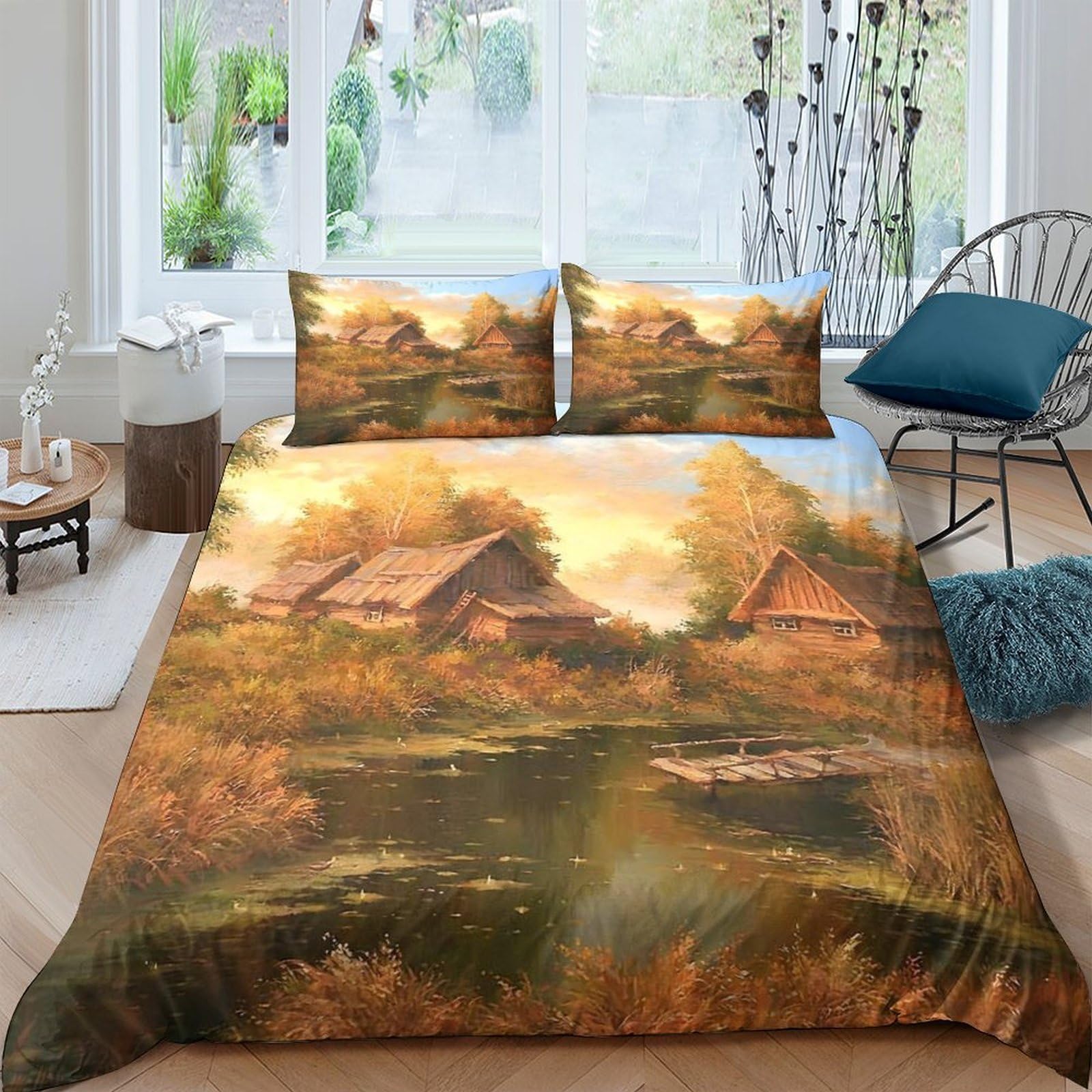 Ctjqhvkz Style-8 3D Printed Autumn Lake Fitted Sheet Microfiber Soft Rustic Cabin Bed Cover For Bedroom Guest Room Decor Single（135X200cm）