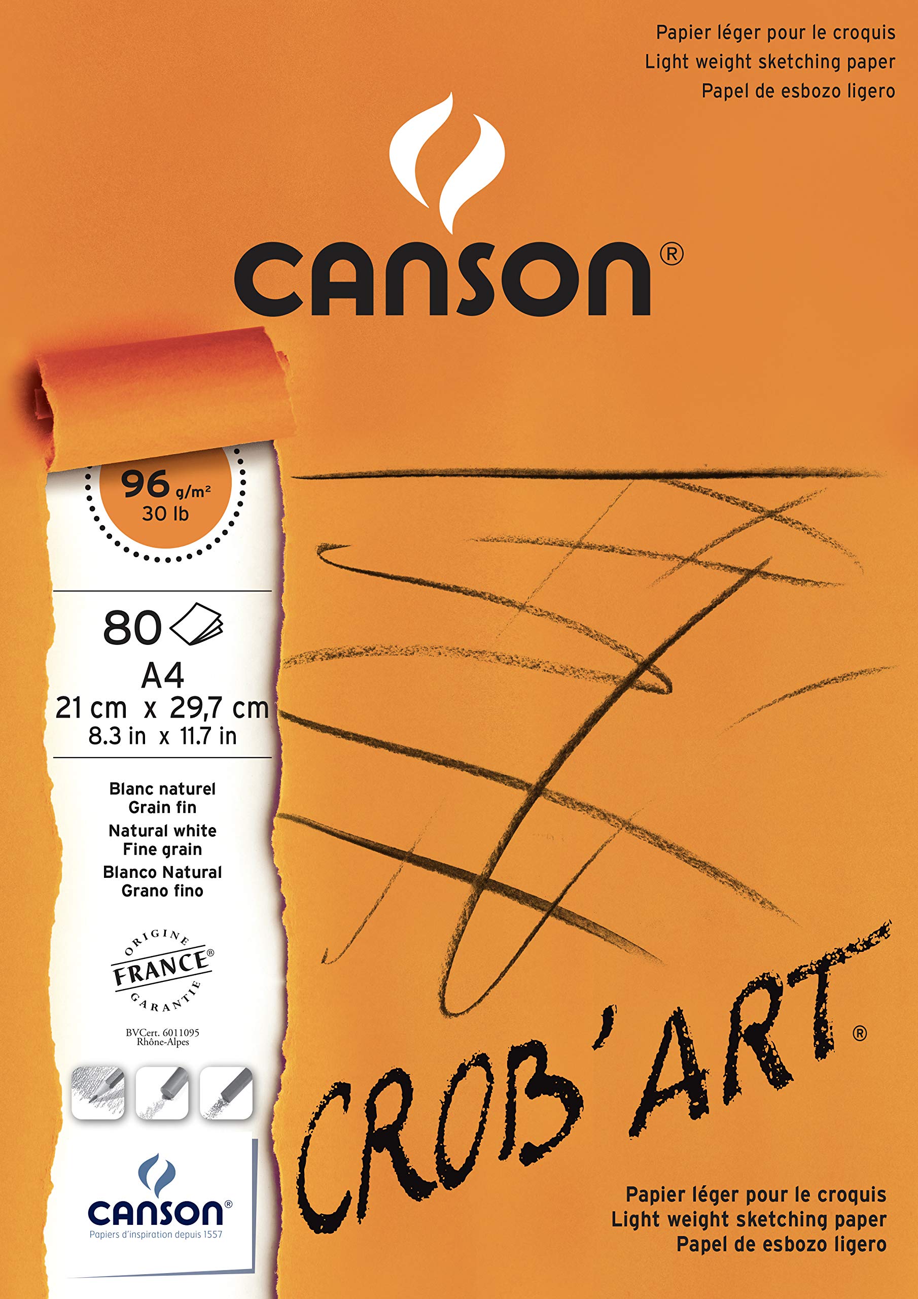Canson 400100171 Crob'Art Bloc de papier à dessin collé petit côté 80 feuilles 96 g A3 Blanc naturel