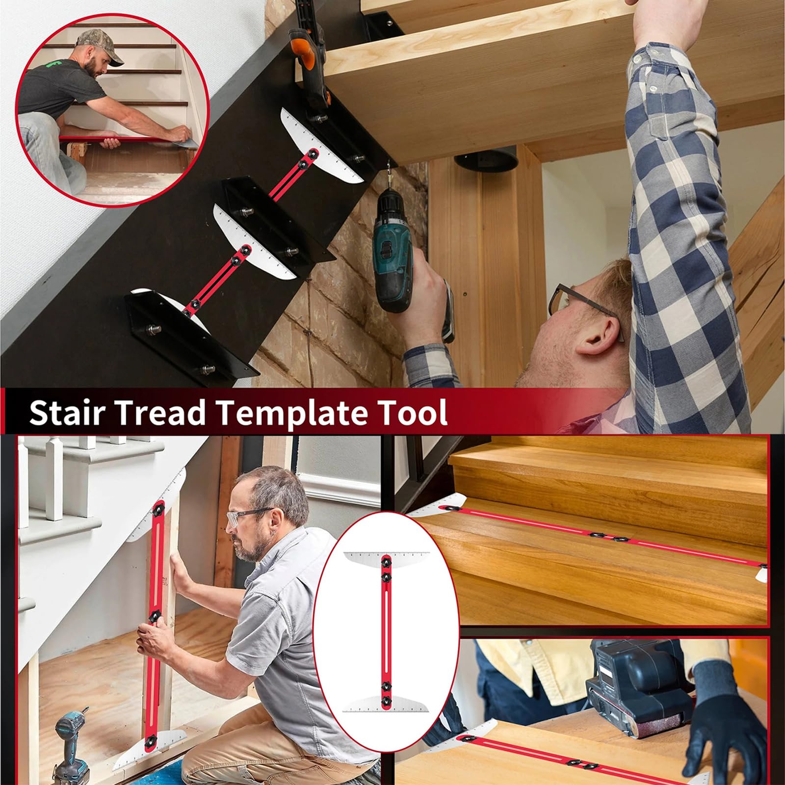 Herramienta de medición de peldaños de escalera de aluminio, herramienta de medición de peldaños de escalera de 10 a 53 pulgadas con herramienta multifuncional