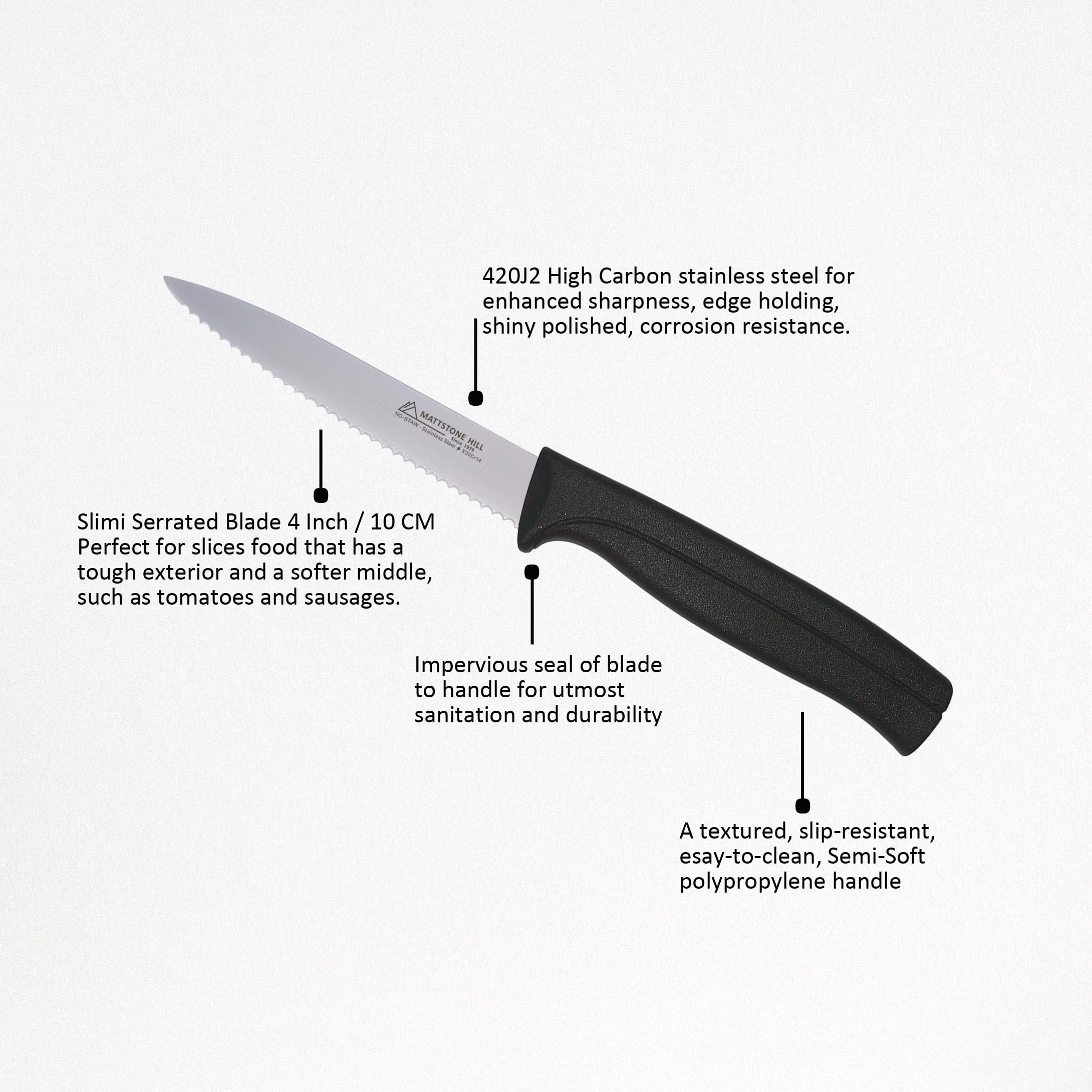 Kitchen Utility Knife - MATTSTONE HILL 4 Inch Serrated Paring Knife, Vegetable Knife, Slim Blade, Premium Stainless Steel, Semi Soft Handle, Black