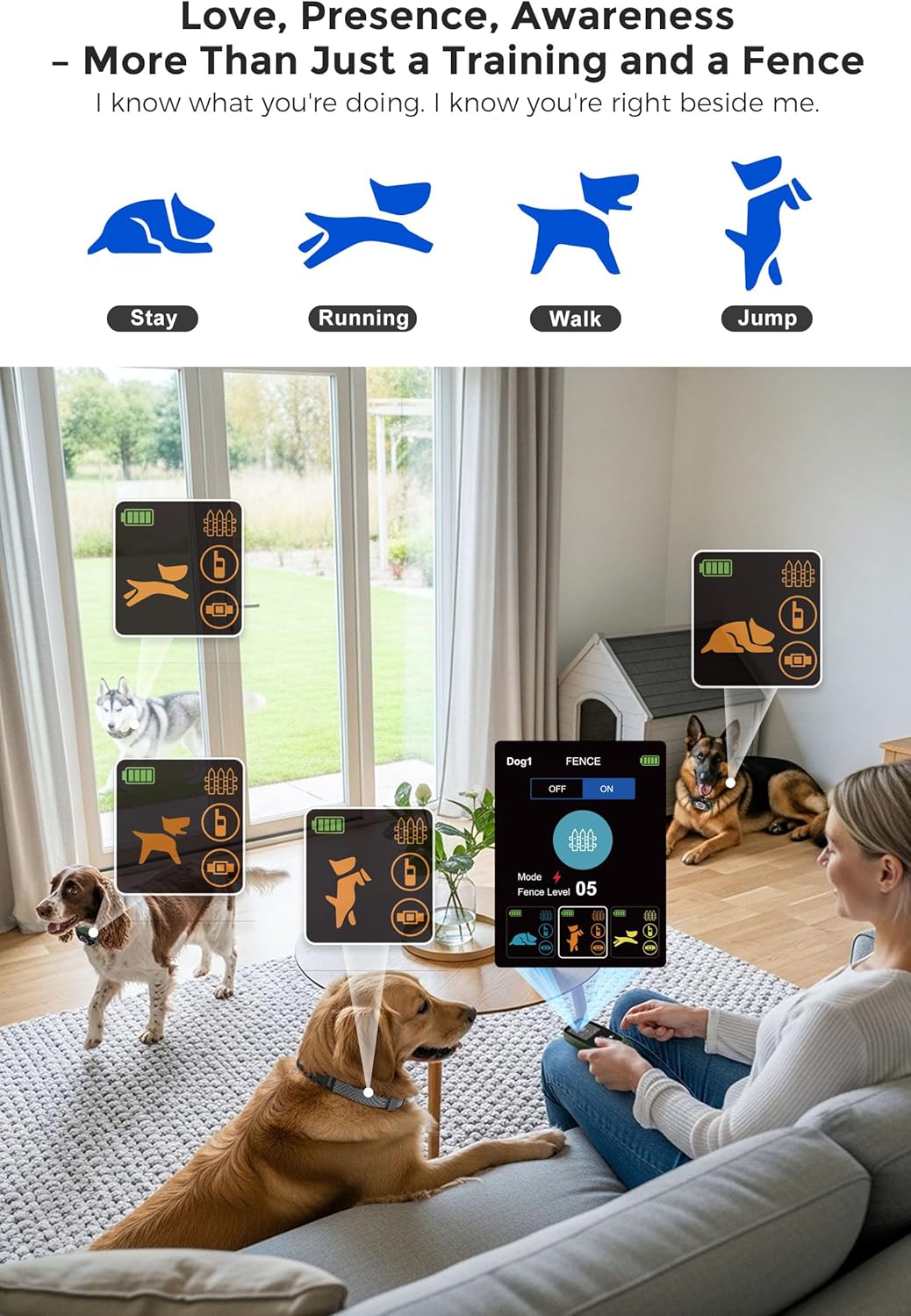 Teendow Wireless Dog Fence System for 2 Dogs, Electric Dog Fence, Waterproof Rechargeable Collar with Remote, Training & Bark Control, HD Display