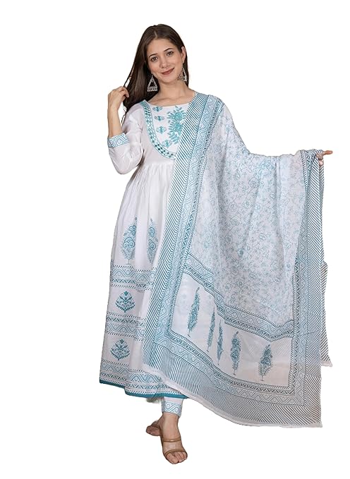Women's Cotton Printed Embrodriery Anarkali Kurta With Palazzo & Dupatta Set
