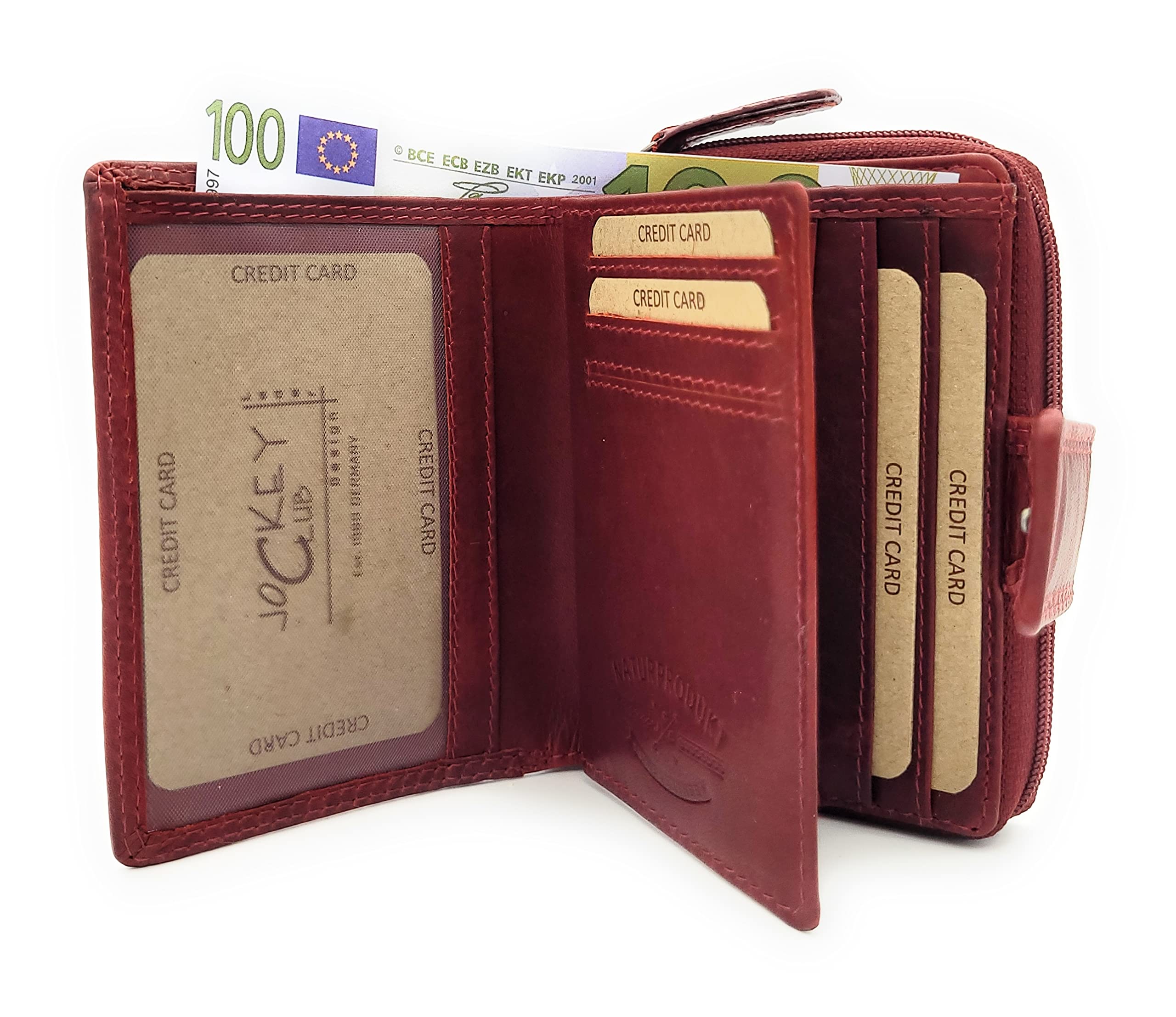 Jockey Club - Monedero pequeño Tarjetero Cartera de piel auténtica para mujer con protección RFID, rojo, small, Retro