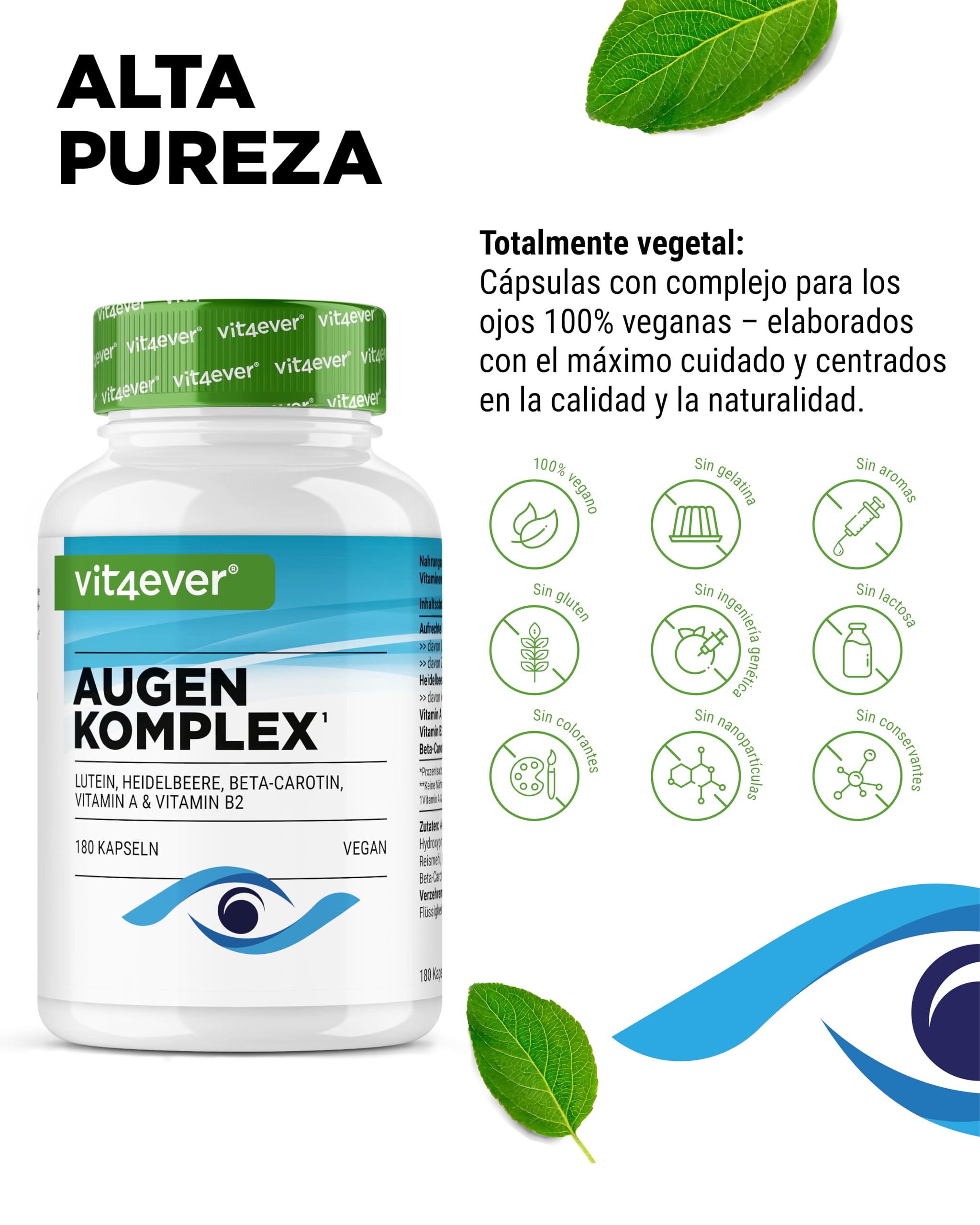 Complejo Vitamínico para los Ojos - 180 cápsulas para 6 meses con Luteína, Zeaxantina, extracto de Arándano, Betacaroteno, Vitamina A y Vitamina B2 - Vegano, alta dosis, sin aditivos inútiles