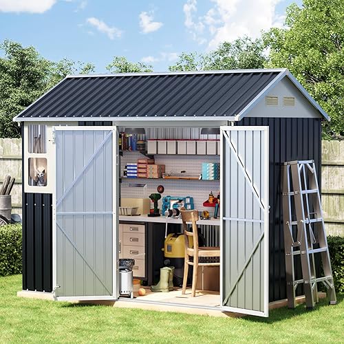8x6 FT Outdoor Metal Storage Shed with Clear Window, Lockable Single Door, Weather-Resistant Garden Tool Shed for Backyard, Patio, and Lawn Equipment, Night Blue