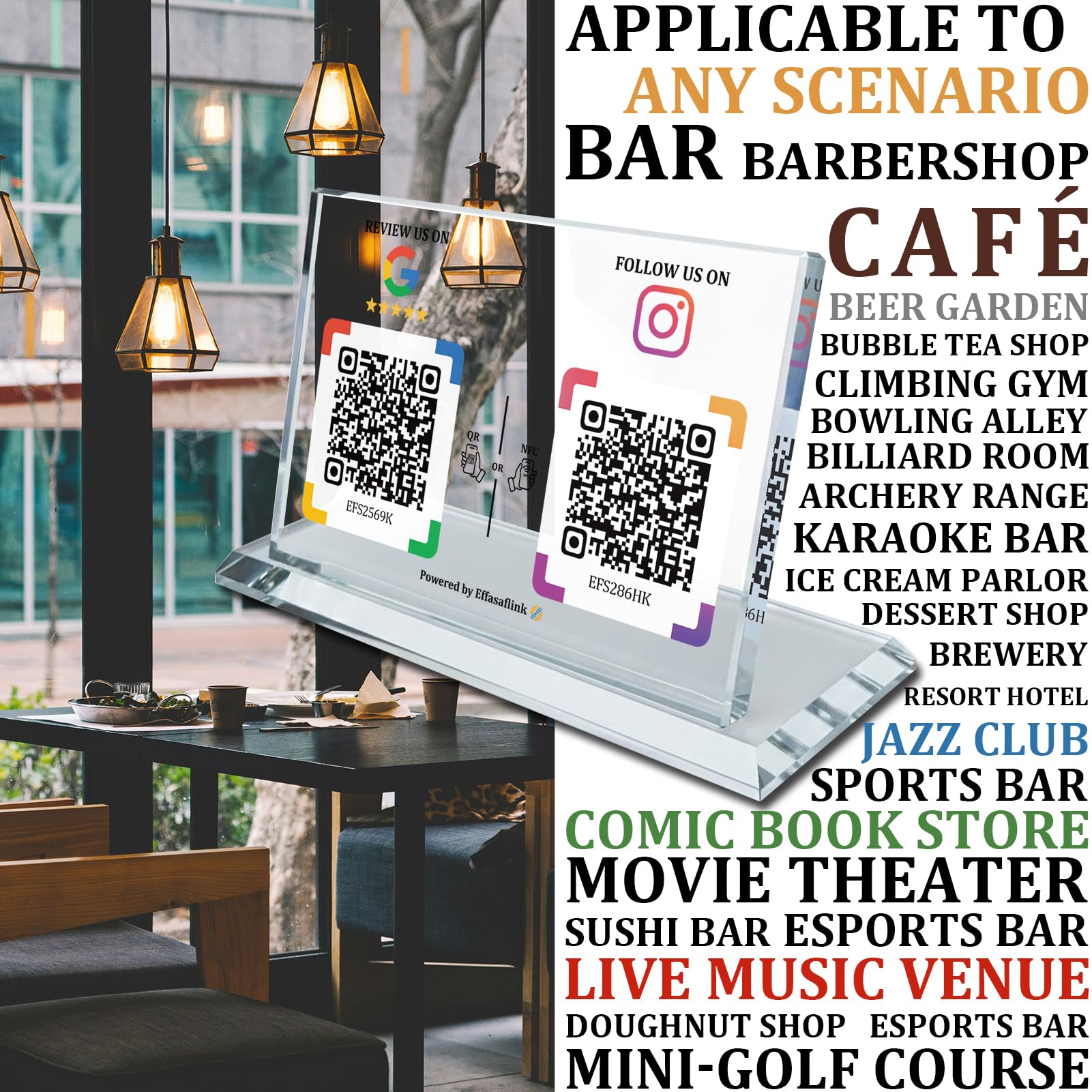Crystal Display Stand with Dual QR & NFC Sign - Compatible with Google & Facebook, Easy and Fast Access to Social Media Page for Customers - Perfect for Promoting Social Media Following