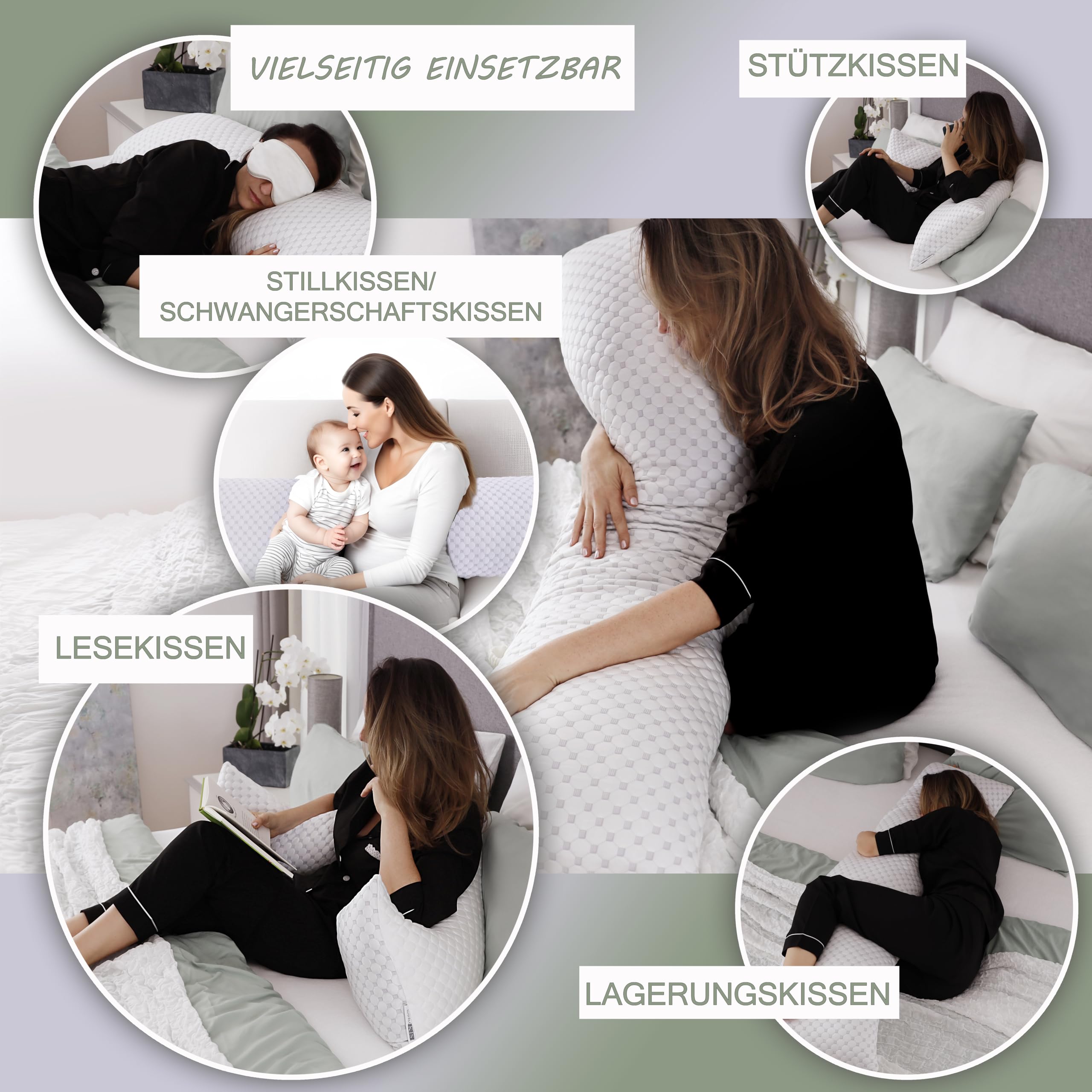 Seitenschläferkissen mit Bezug 40 x 145 cm - kühlendes Schwangerschaftskissen - Stillkissen mit Memory Foam - Orthopädisches Kissen - Pregnancy Pillow - Body Pillow - Schlafkissen