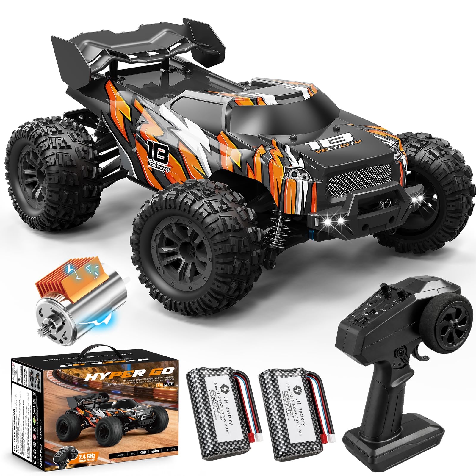 Coche teledirigido 1:18 4WD RC Monster Truck, 40 km/h Offroad Desert Truck con motor 380, luz LED, 2,4 GHz, control proporcional completo, batería de 7,4 V, 1300 mAh, para niños y adultos