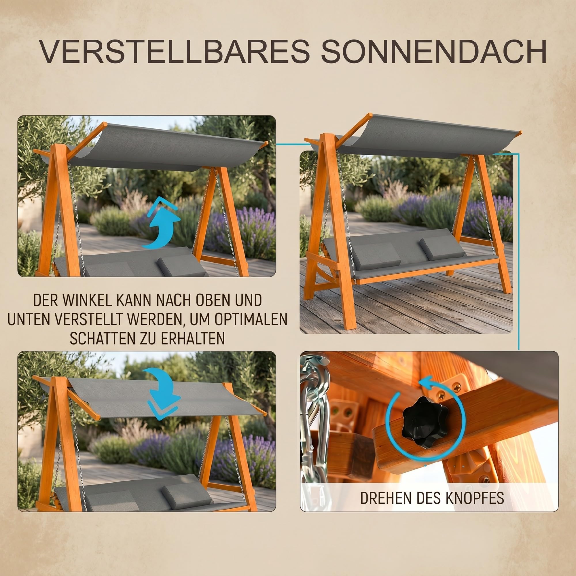 Outsunny Hollywoodschaukel 3-Sitzer Lärche 225,5 x 130 x 180 cm Grau+Teak