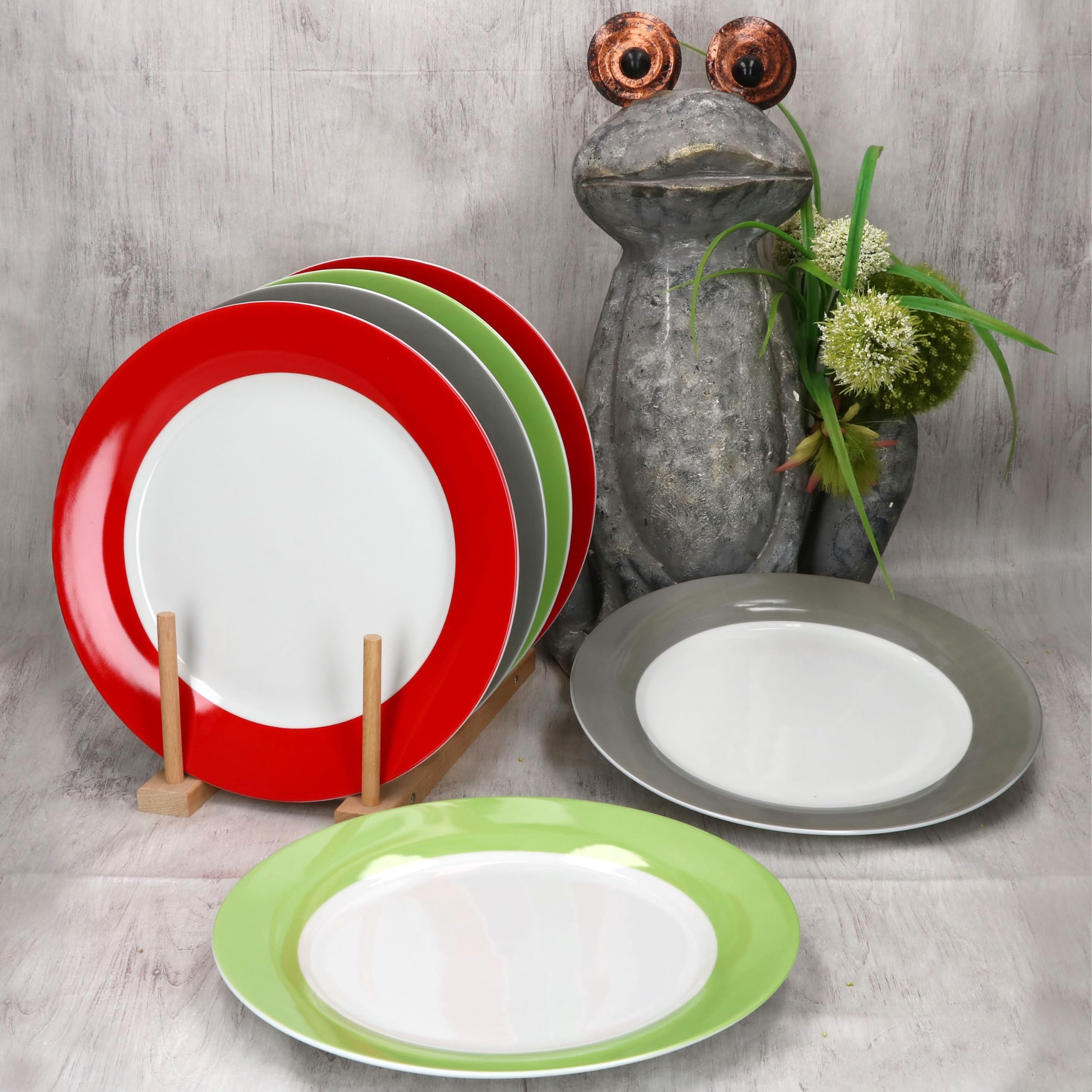 MamboCat Lot de 6 assiettes plates Variant Trio - En porcelaine colorée pour 6 personnes - Vert, rouge et gris - Grandes assiettes pour les repas principaux au petit-déjeuner, au déjeuner, au café et