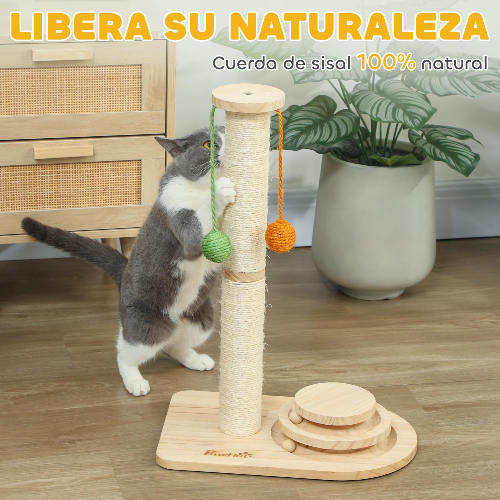 PawHut Tiragraffi 56,5 cm con sisal legno naturale | Grattatoio con 3 palline sospese, palla a tracciato