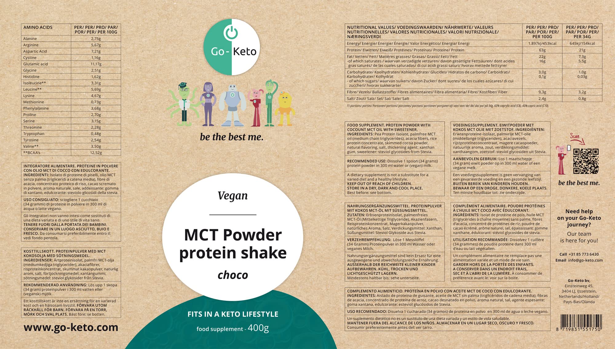 Go-Keto MCT Vegan Protein Shake Chocolate, 400g polvere | con MCT dall'olio di cocco per la tua dieta keto | proteine ​​vegane da proteine ​​di piselli e proteine ​​di riso