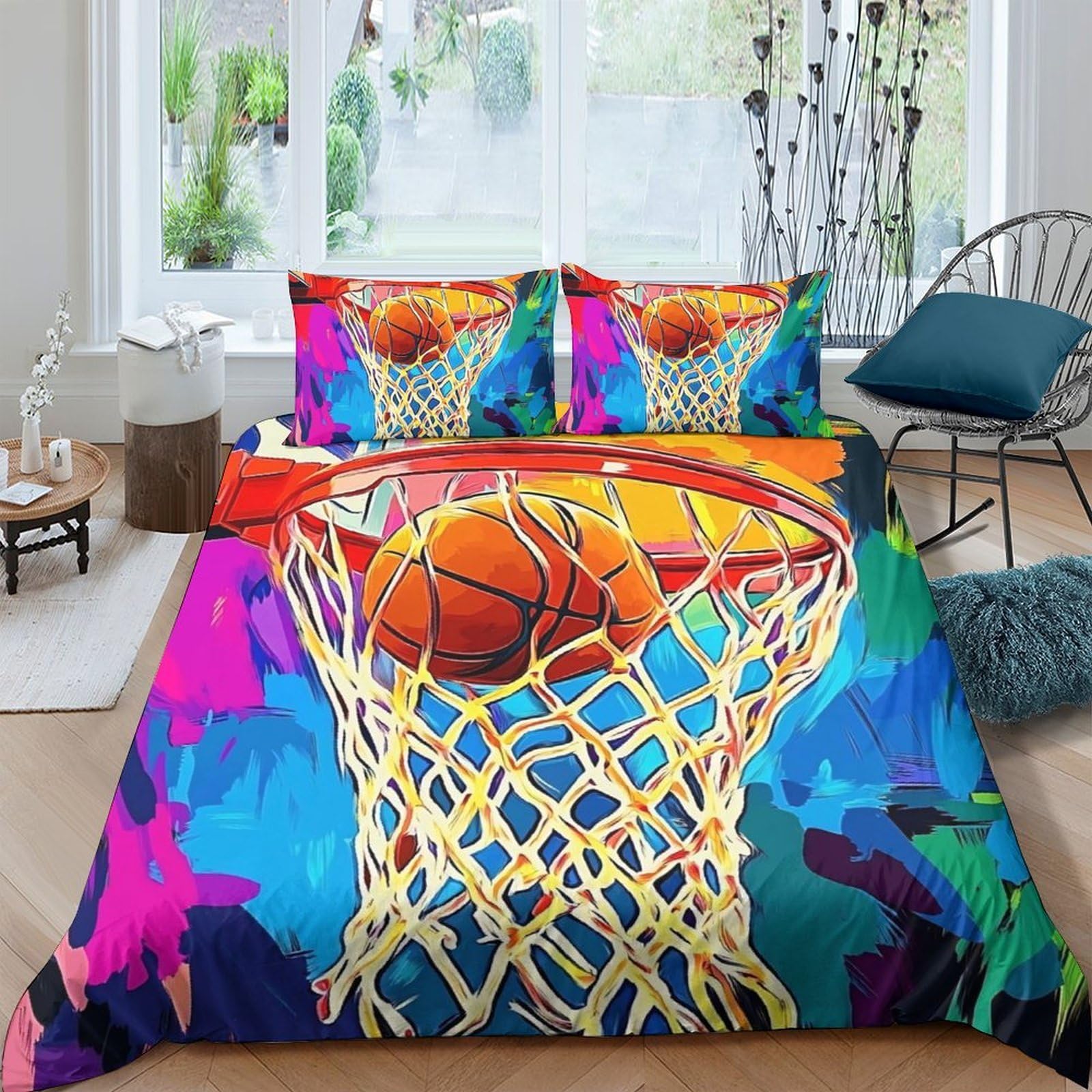 Ctjqhvkz Style-4 3D Printed Basketball Hoop Fitted Sheet Microfiber Vibrant Graffiti Bed Cover For Bedroom Dorm Mattress Decor Single（135X200cm）