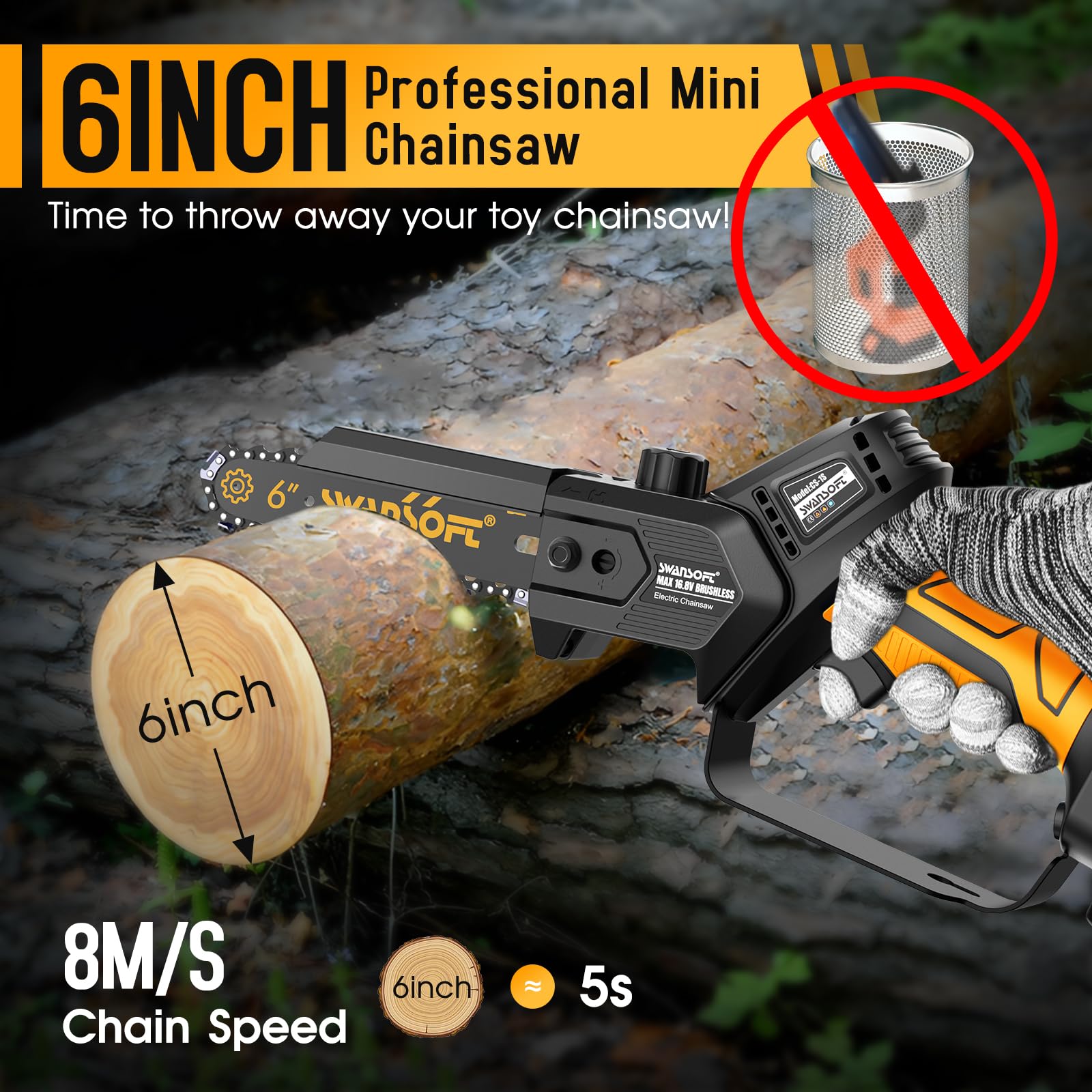 SWANSOFT Sierra de cadena inalámbrica de 12 cm,SWANSOFT Mini Motosierra a Batería Profesional, 6'' 16,8V 2,5Ah 500W de Mano con Bloqueo de Seguridad y Sistema de Engrase Automático