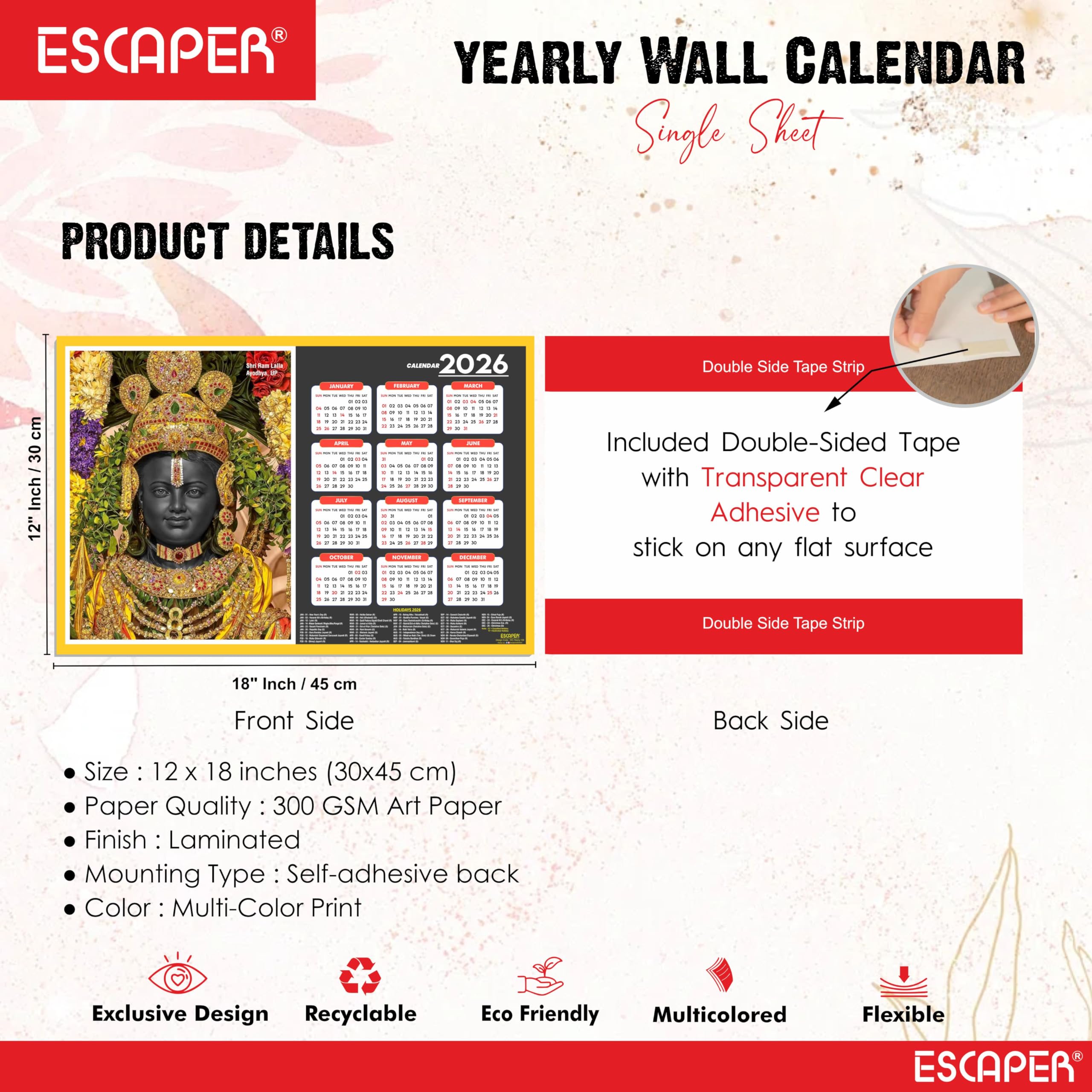 ESCAPER Calendario de pared Shri Ram Lalla 2026 – 45 x 30 cm, templo Shri Ram Lalla y fotos, calendario de pared religioso del dios hindú para el hogar, la oficina y la habitación Pooja