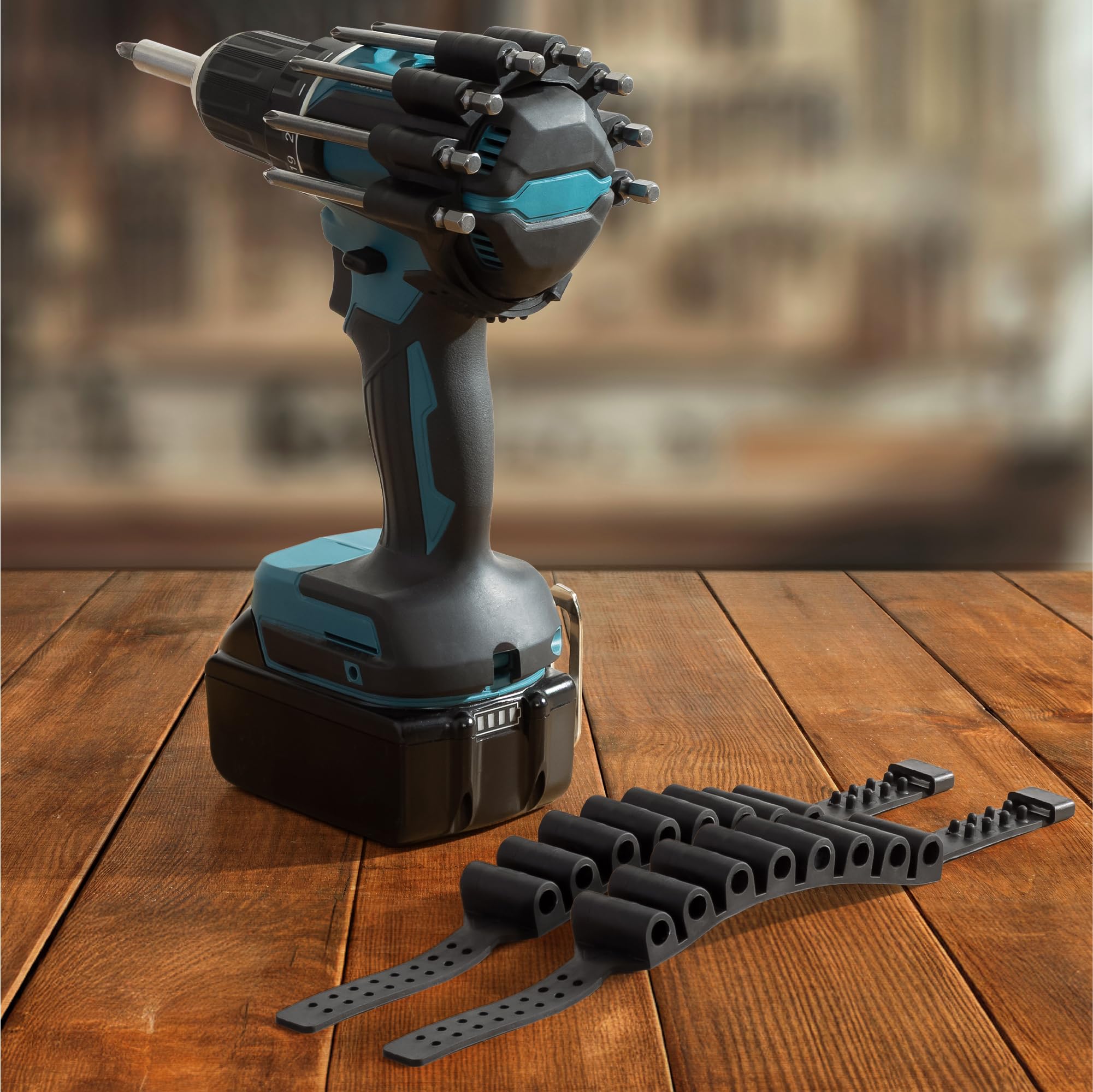 Navaris Black Bit Holder Strap - Hassle-Free Adhesive-Free Impact Drill Bit Holder - Drill Bit Organiser Holds 8 Drill Bits - Drill Add On Holster Strap - 10X7.5cm (3.9X3) - 2 Pc Set
